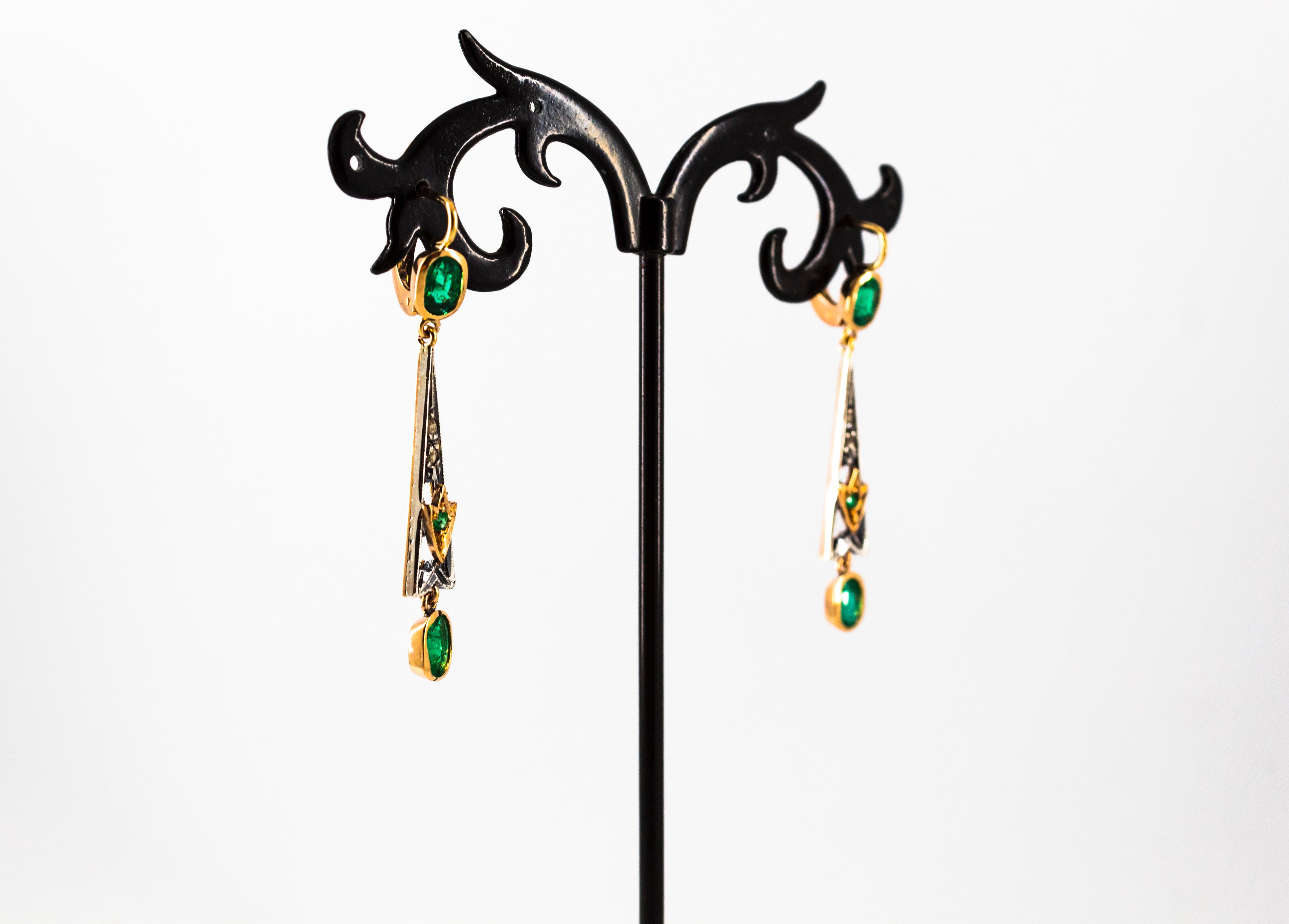Art Deco Style White Rose Cut Diamond Emerald Yellow Gold Lever-Back Earrings For Sale 4