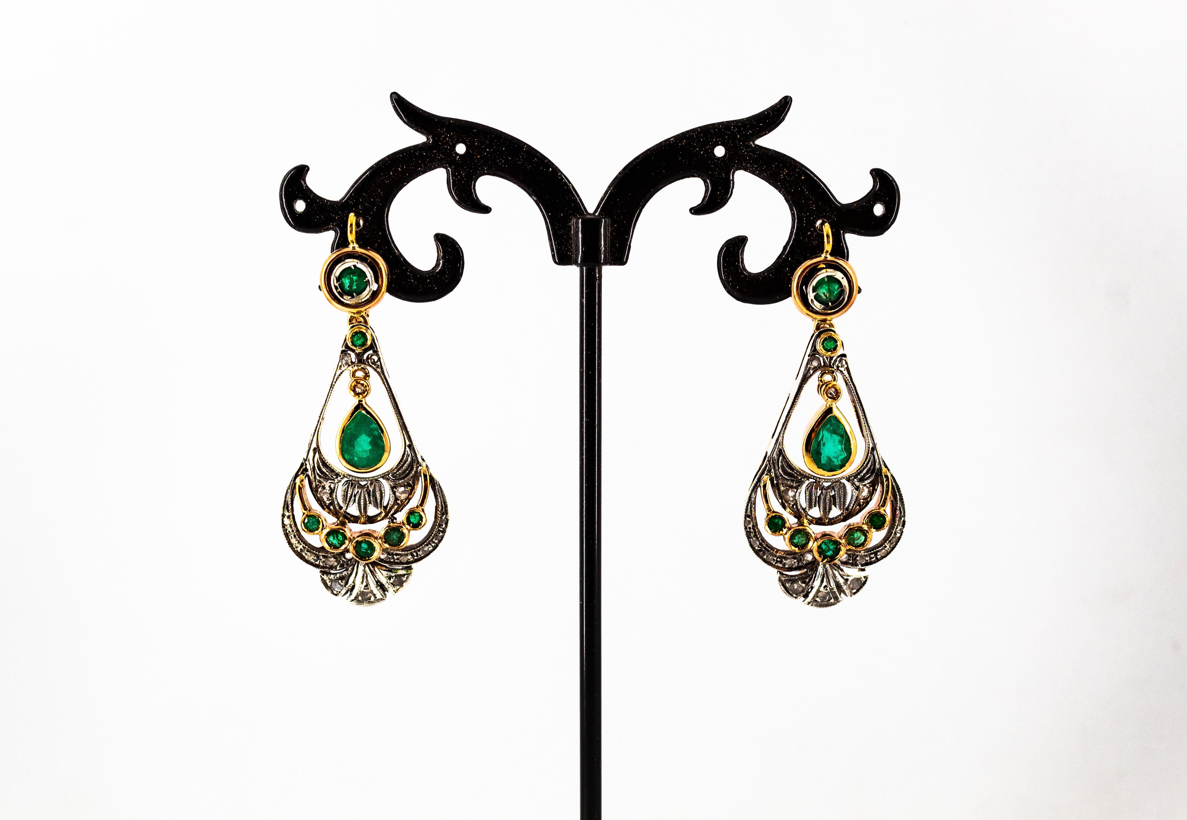Art Deco Style White Rose Cut Diamond Emerald Yellow Gold Lever-Back Earrings 5