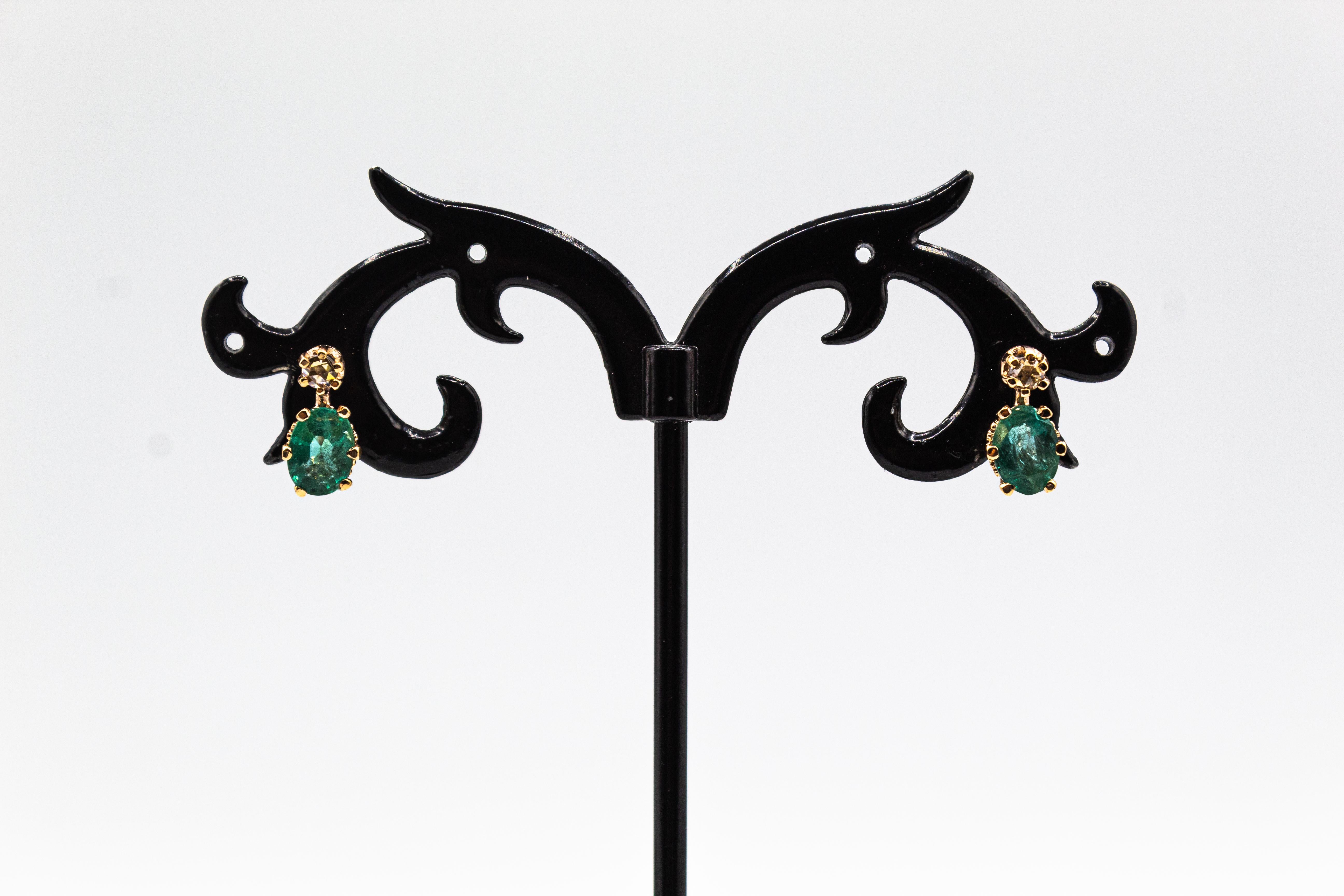 Art Deco Style White Rose Cut Diamond Emerald Yellow Gold Lever-Back Earrings For Sale 5