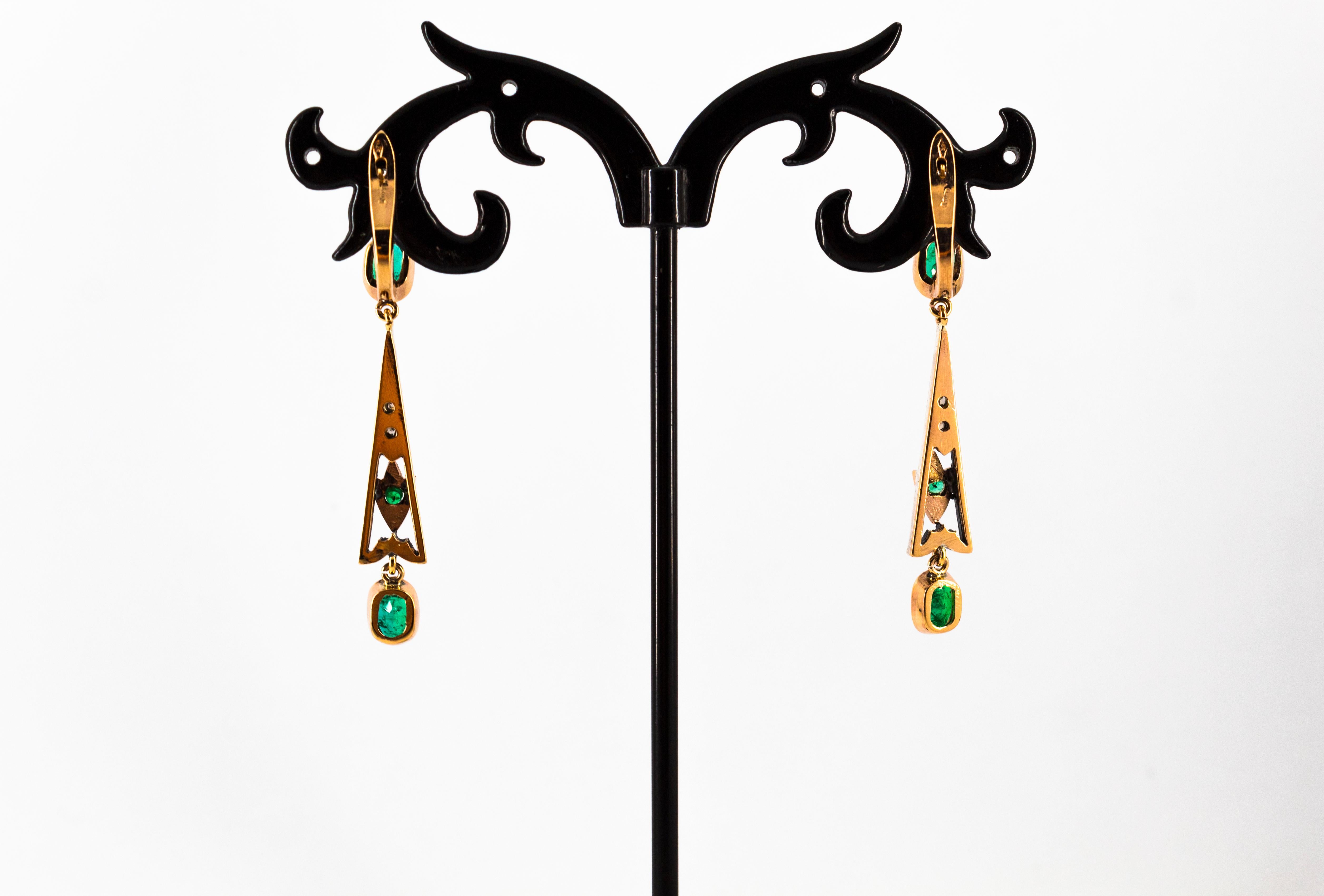 Art Deco Style White Rose Cut Diamond Emerald Yellow Gold Lever-Back Earrings For Sale 5