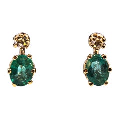 Art Deco Style White Rose Cut Diamond Emerald Yellow Gold Lever-Back Earrings
