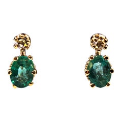 Art Deco Style White Rose Cut Diamond Emerald Yellow Gold Lever-Back Earrings