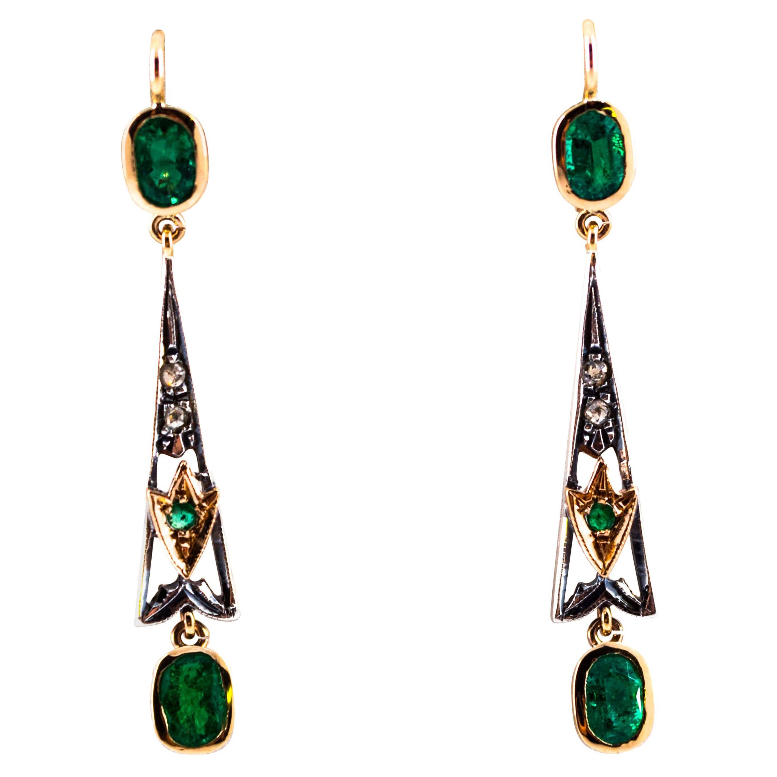 Boucles d'oreilles à levier de style Art déco en or jaune avec diamants blancs taille rose et émeraudes