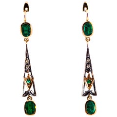Art Deco Style White Rose Cut Diamond Emerald Yellow Gold Lever-Back Earrings