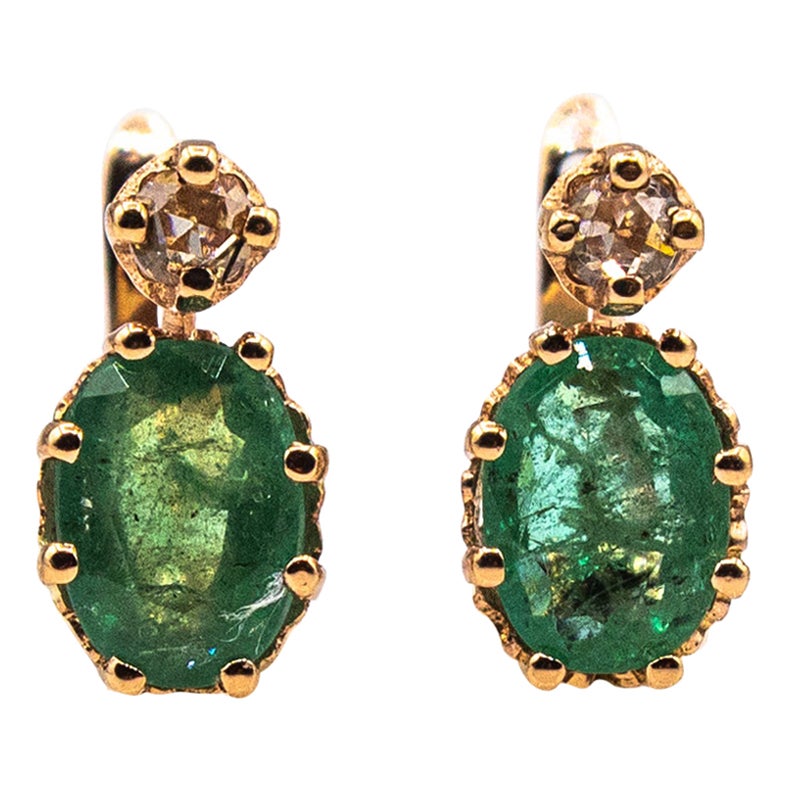 Art Deco Style White Rose Cut Diamond Emerald Yellow Gold Lever-Back Earrings