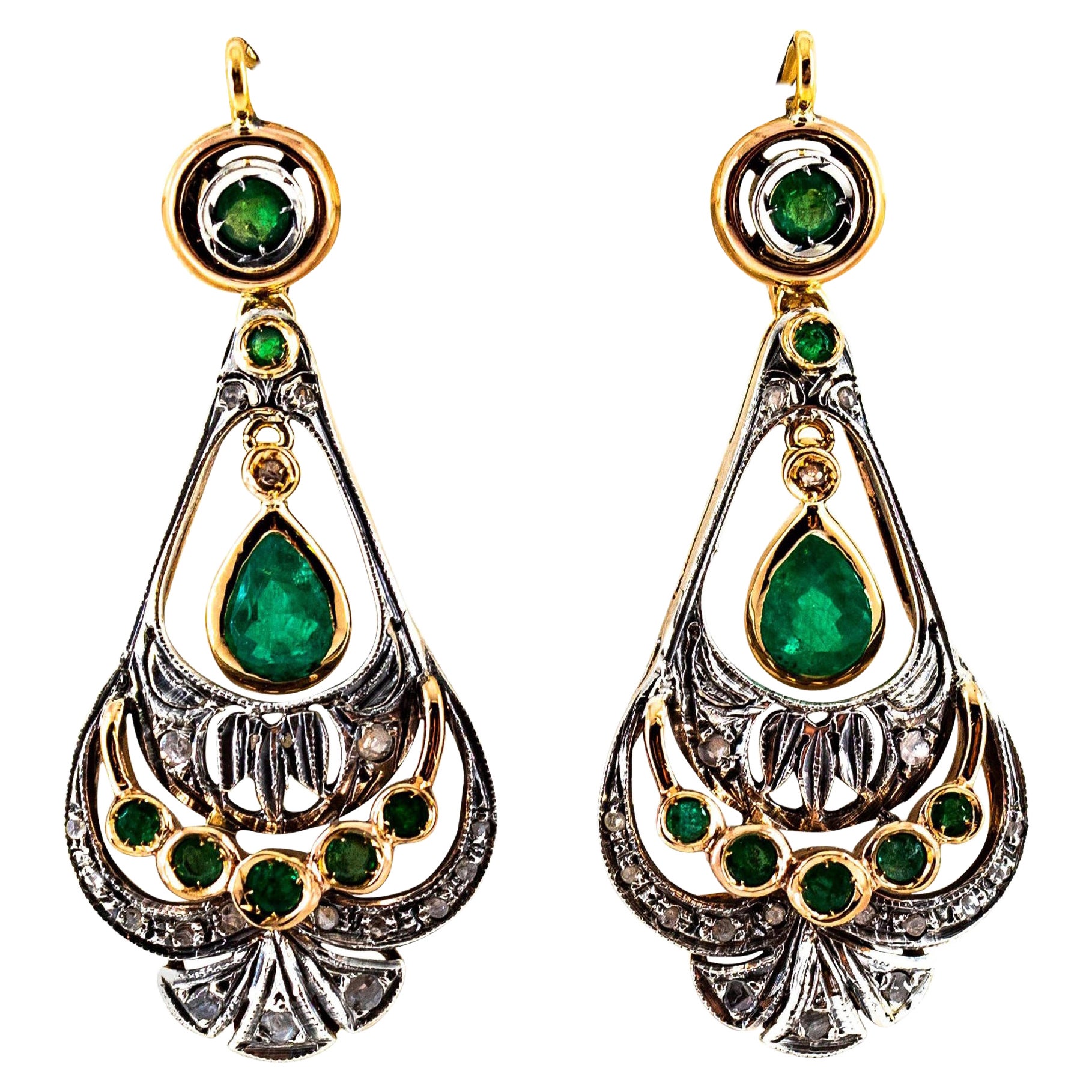 Art Deco Style White Rose Cut Diamond Emerald Yellow Gold Lever-Back Earrings