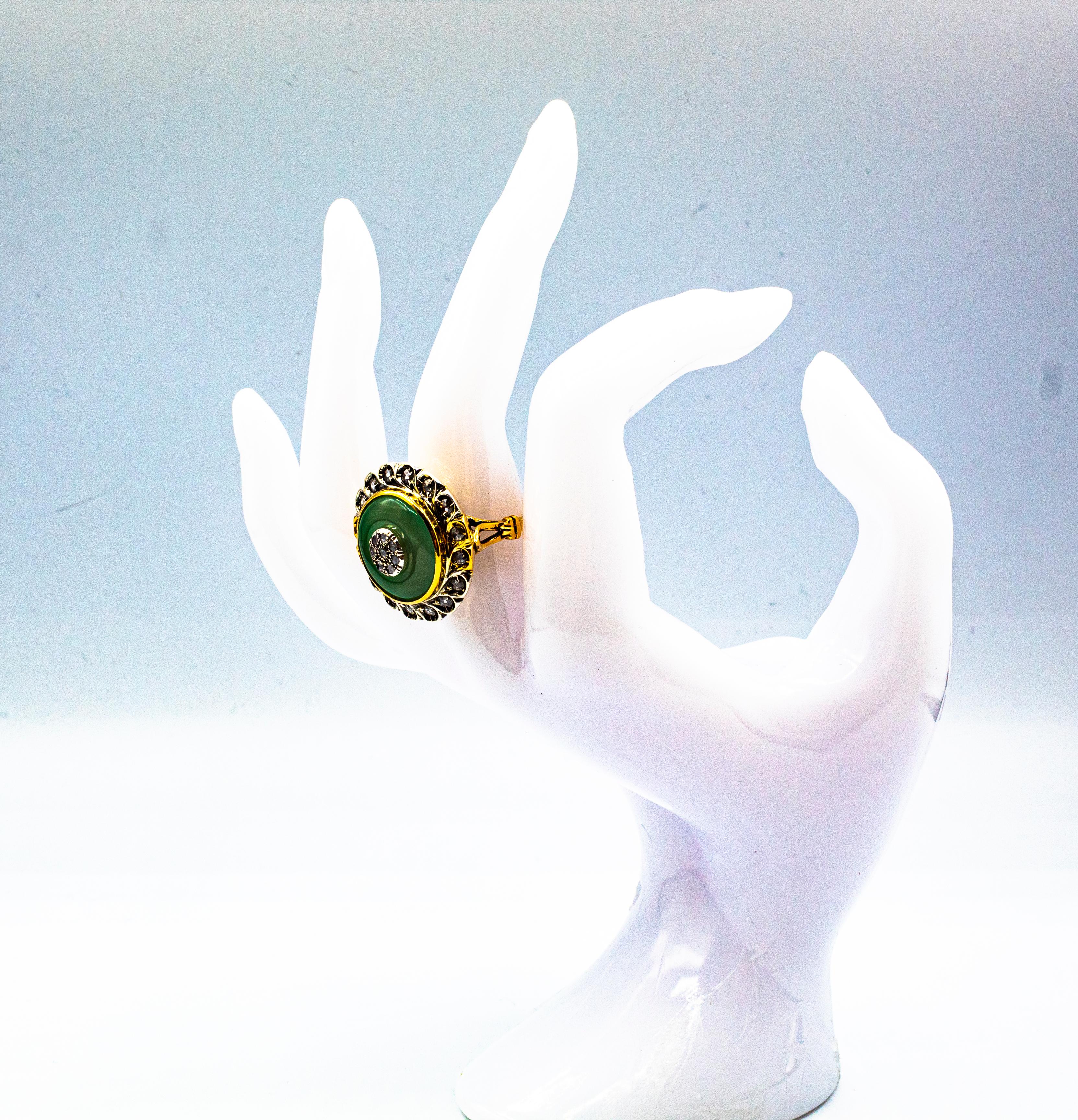 Art Deco Style White Rose Cut Diamond Jade Yellow Gold Cocktail Ring 9