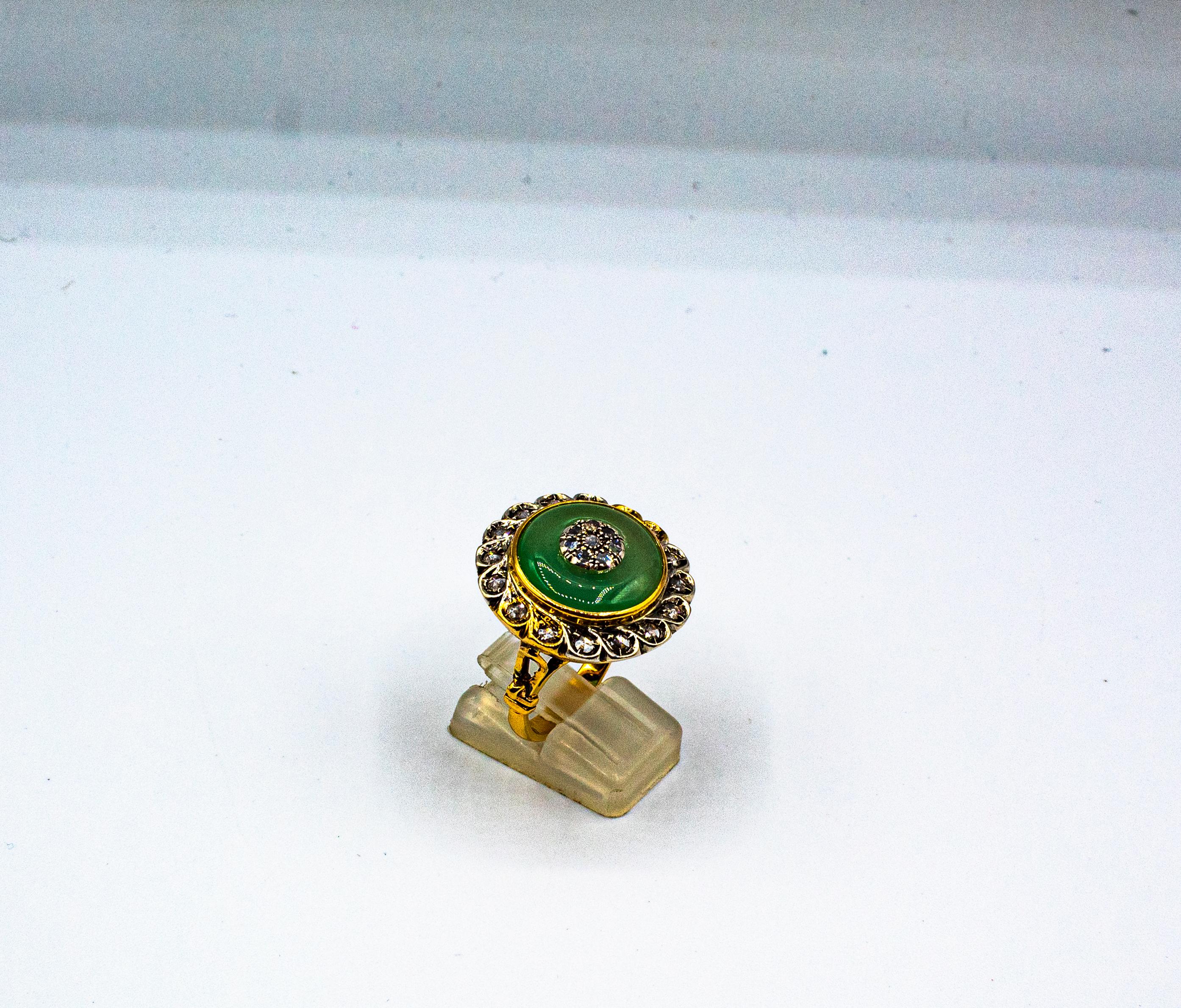 Art Deco Style White Rose Cut Diamond Jade Yellow Gold Cocktail Ring In New Condition In Naples, IT