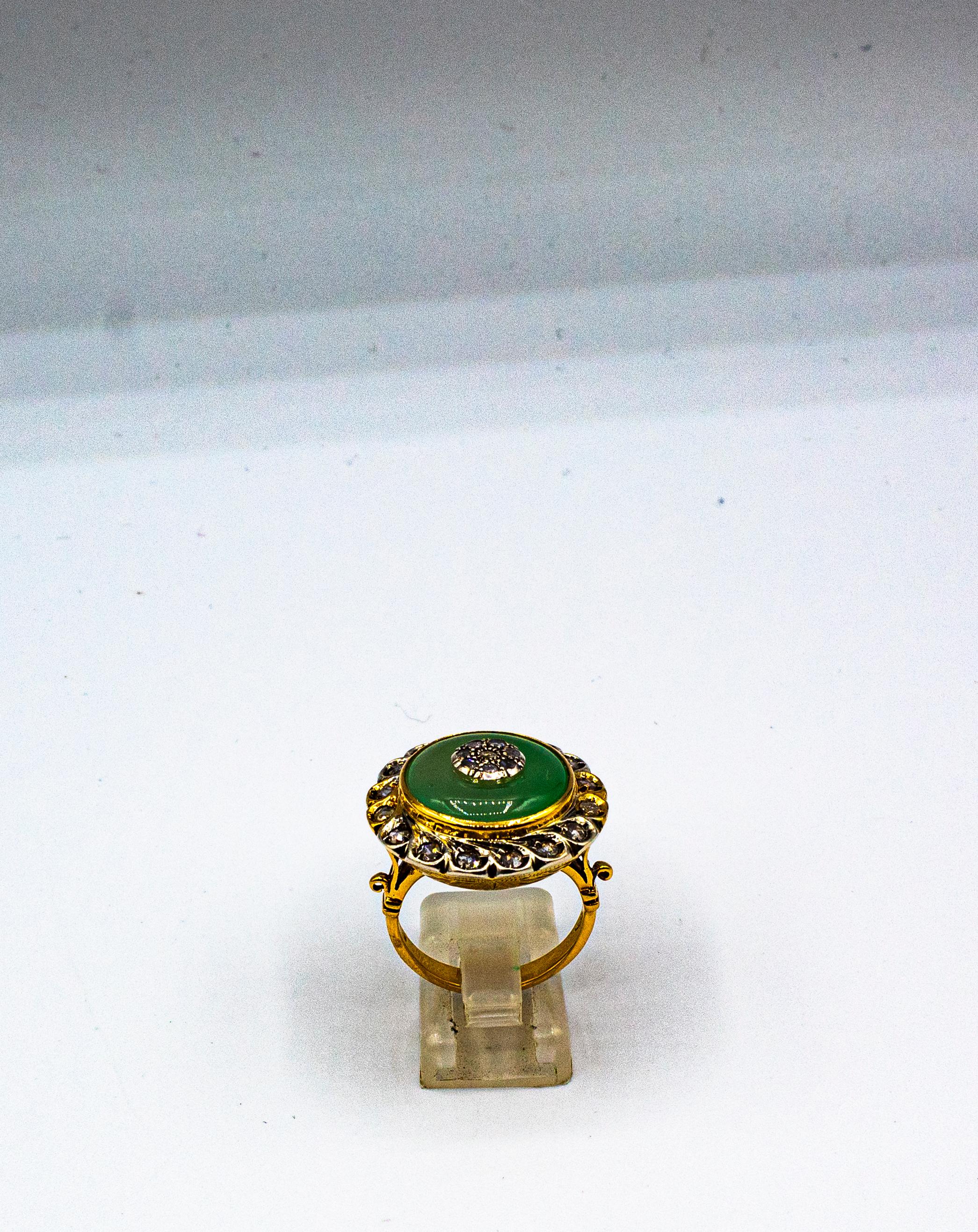 Women's or Men's Art Deco Style White Rose Cut Diamond Jade Yellow Gold Cocktail Ring