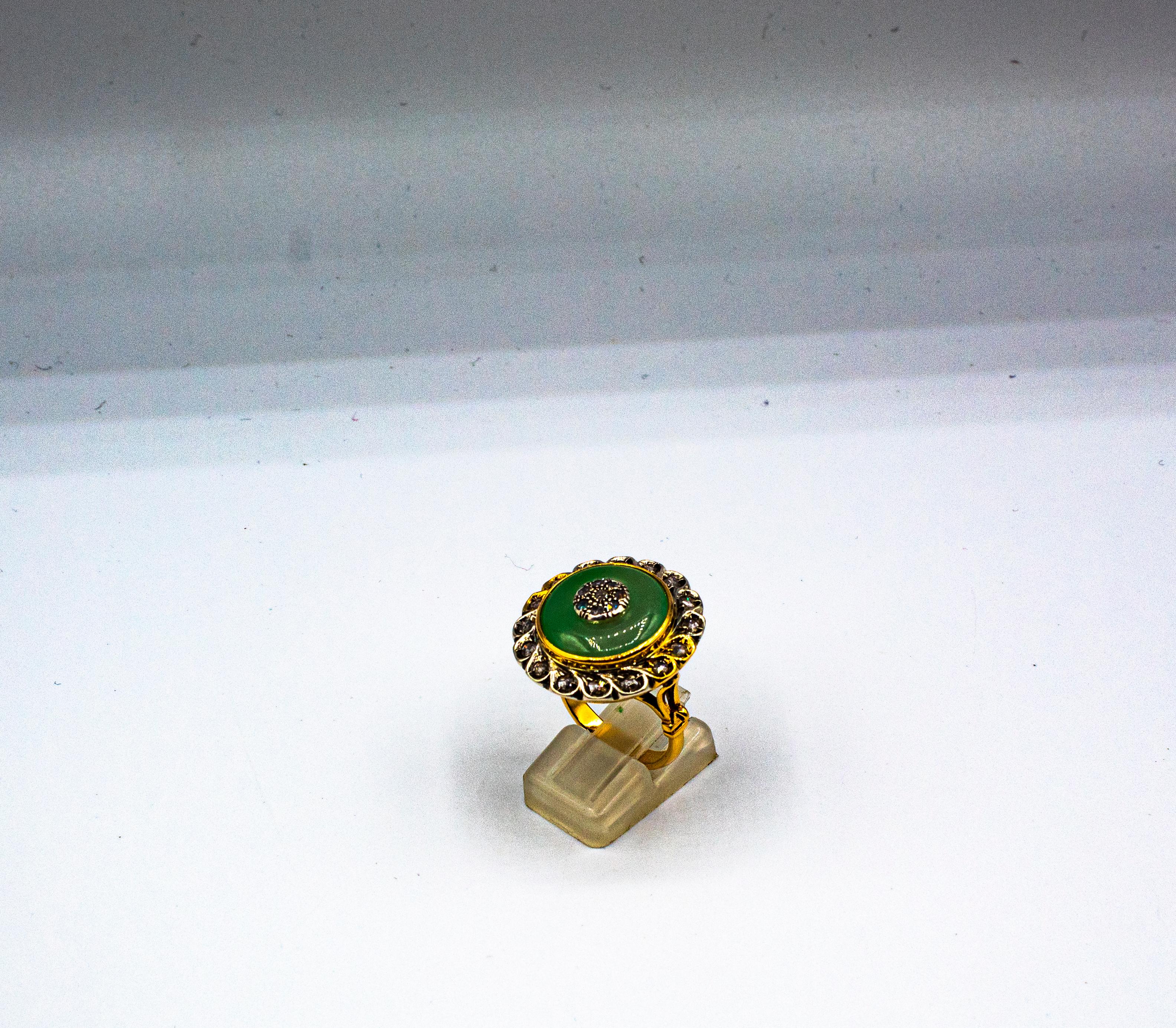 Art Deco Style White Rose Cut Diamond Jade Yellow Gold Cocktail Ring 1