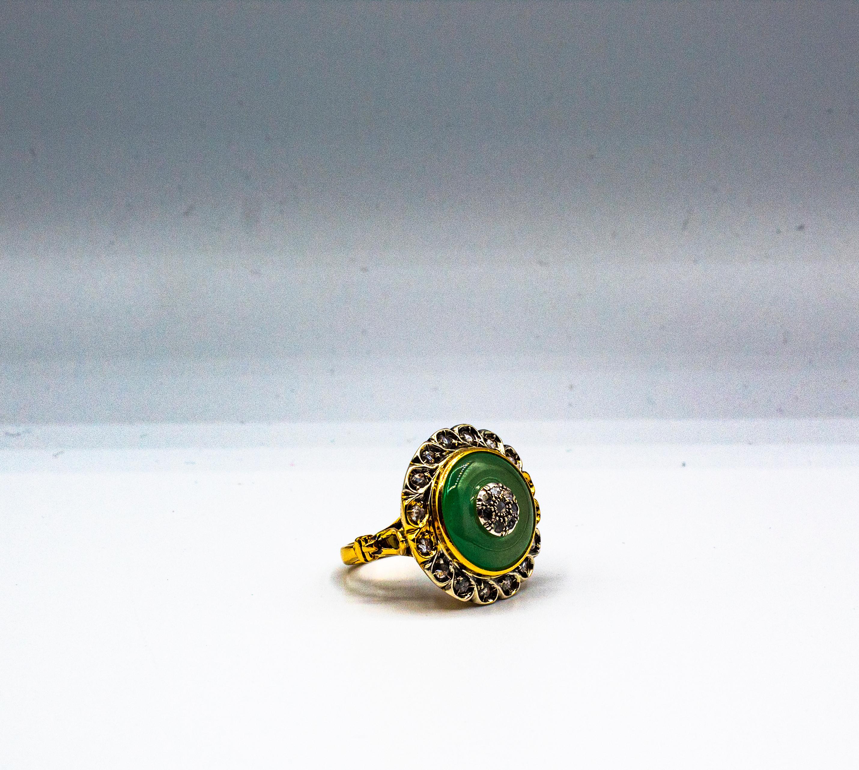 Art Deco Style White Rose Cut Diamond Jade Yellow Gold Cocktail Ring 5