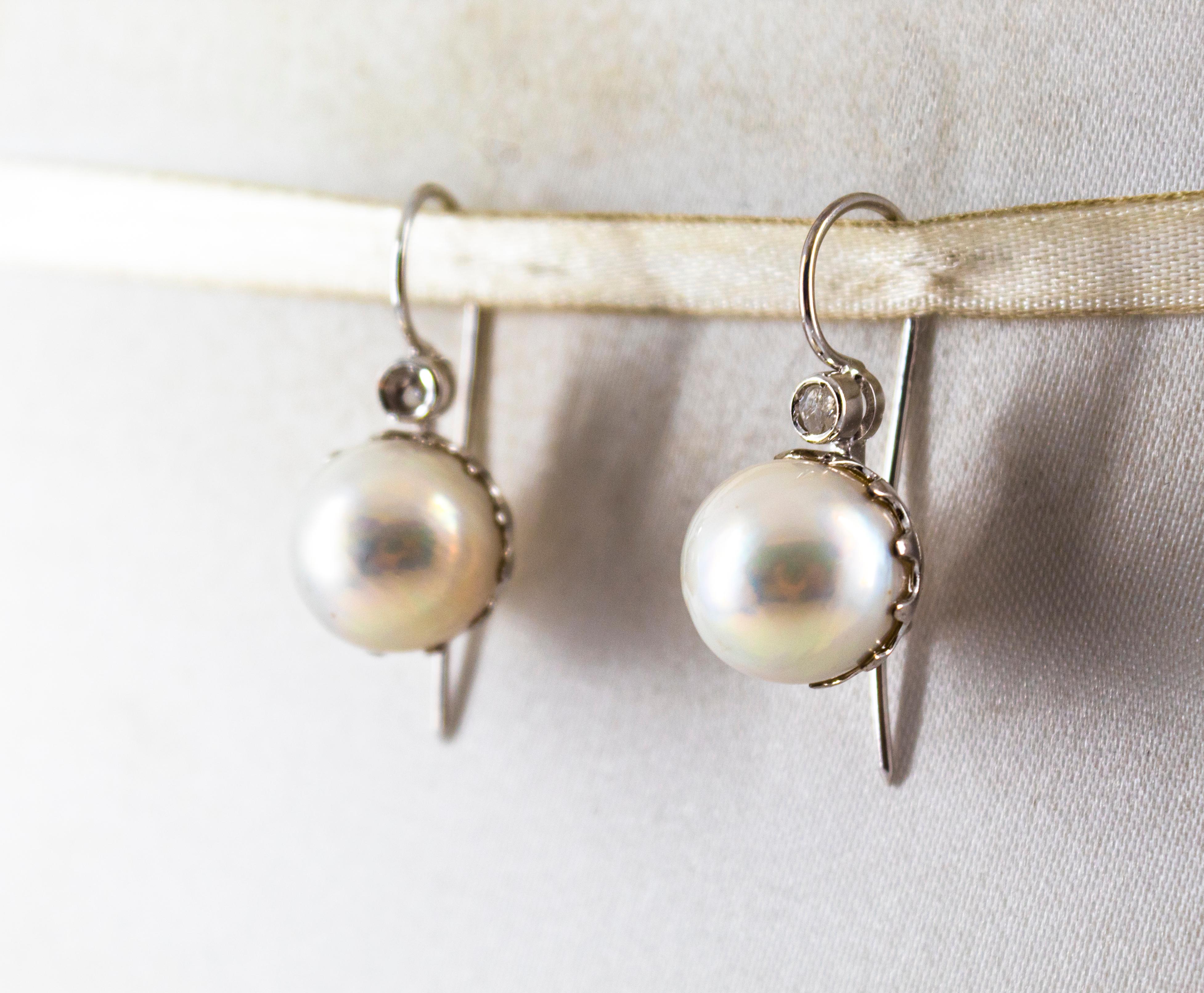 Women's or Men's Art Deco Style White Rose Cut Diamond Mabe Pearl White Gold Lever-Back Earrings For Sale
