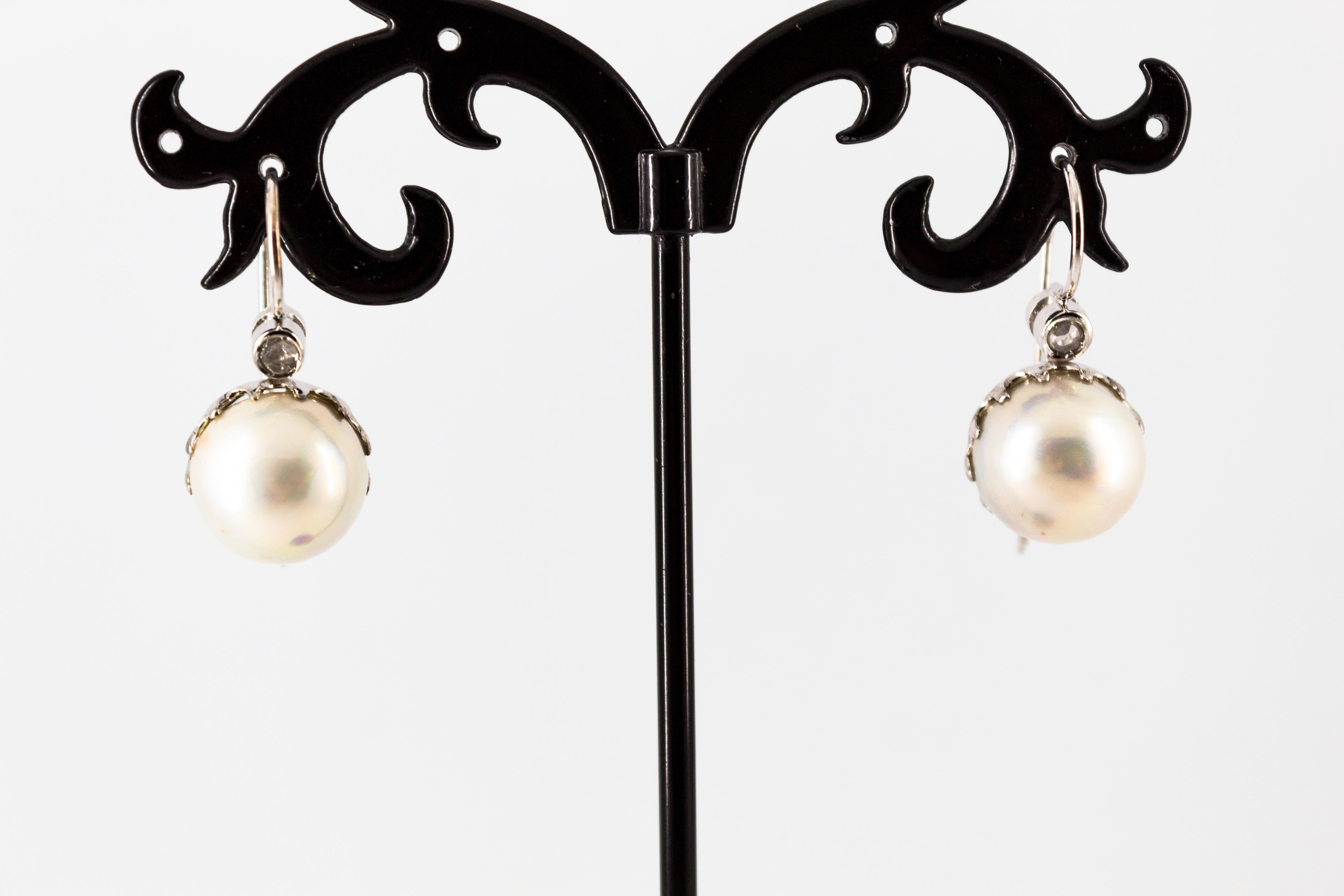 Art Deco Style White Rose Cut Diamond Mabe Pearl White Gold Lever-Back Earrings For Sale 1