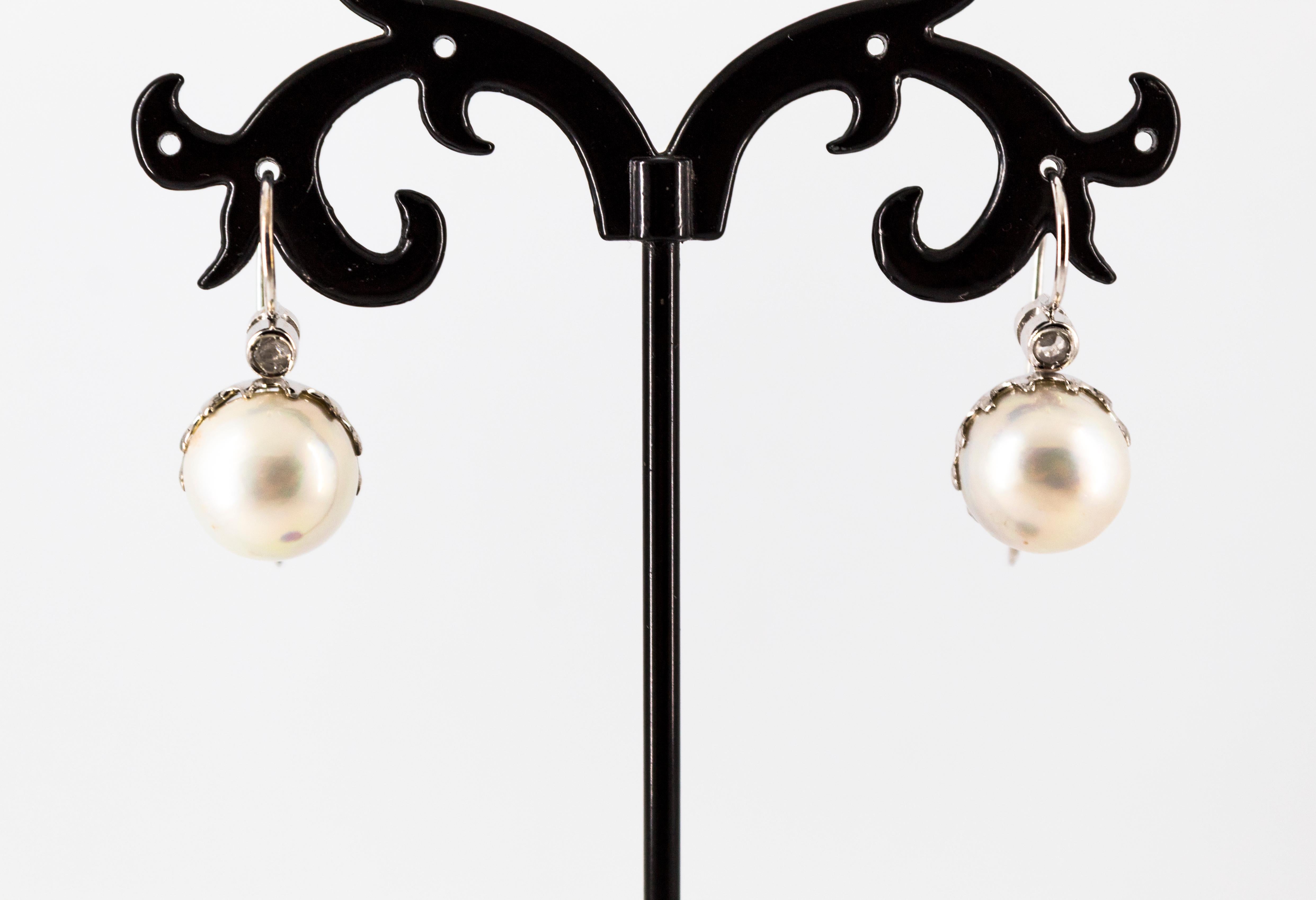 Art Deco Style White Rose Cut Diamond Mabe Pearl White Gold Lever-Back Earrings For Sale 2