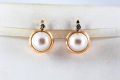 Art Deco Style White Rose Cut Diamond Mabe Pearl Yellow Gold Lever-Back Earrings