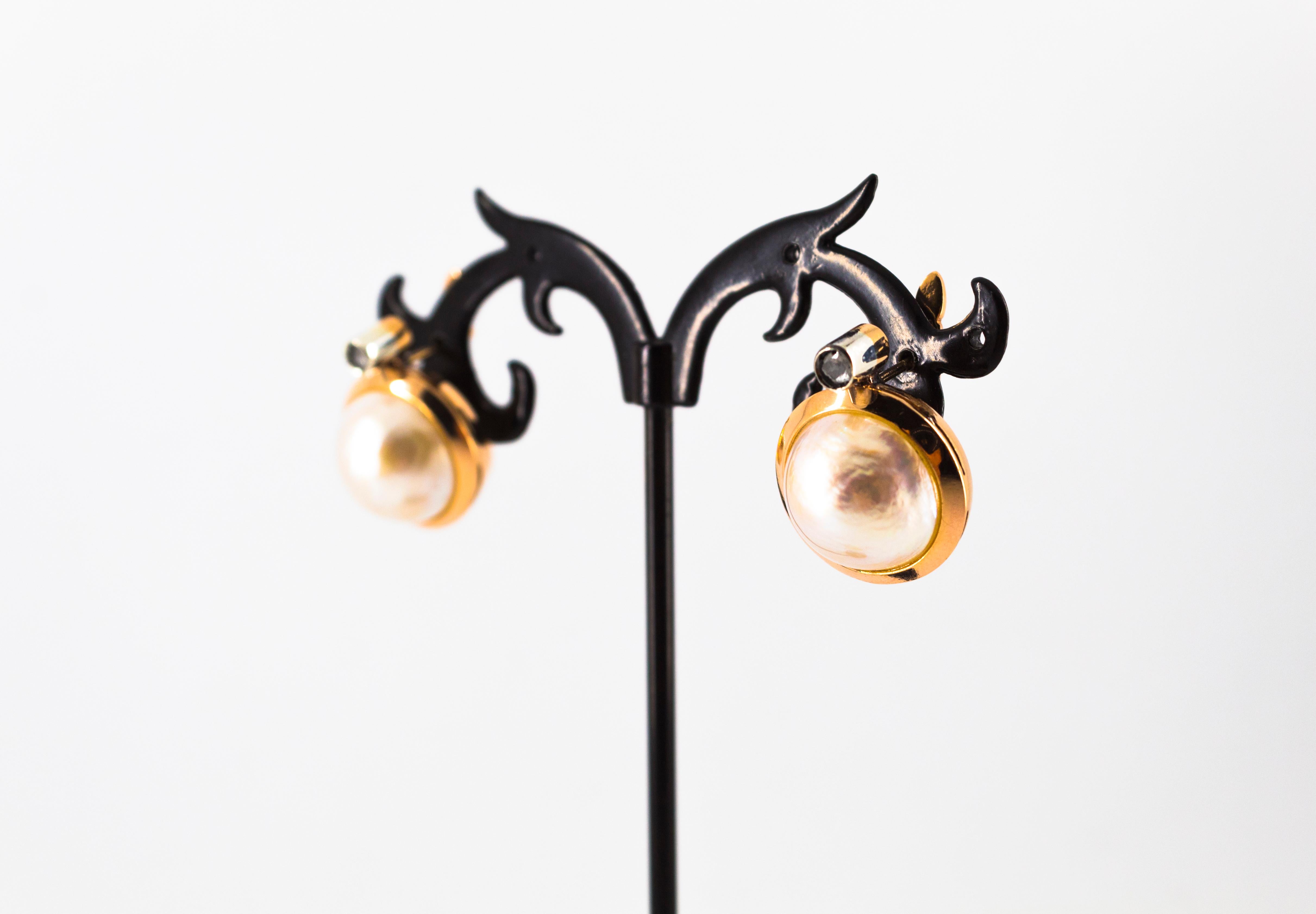 ART OF PEARLS - Boucles d'oreilles en or jaune avec diamant blanc taillé en rose et perle de Mabe en vente 2