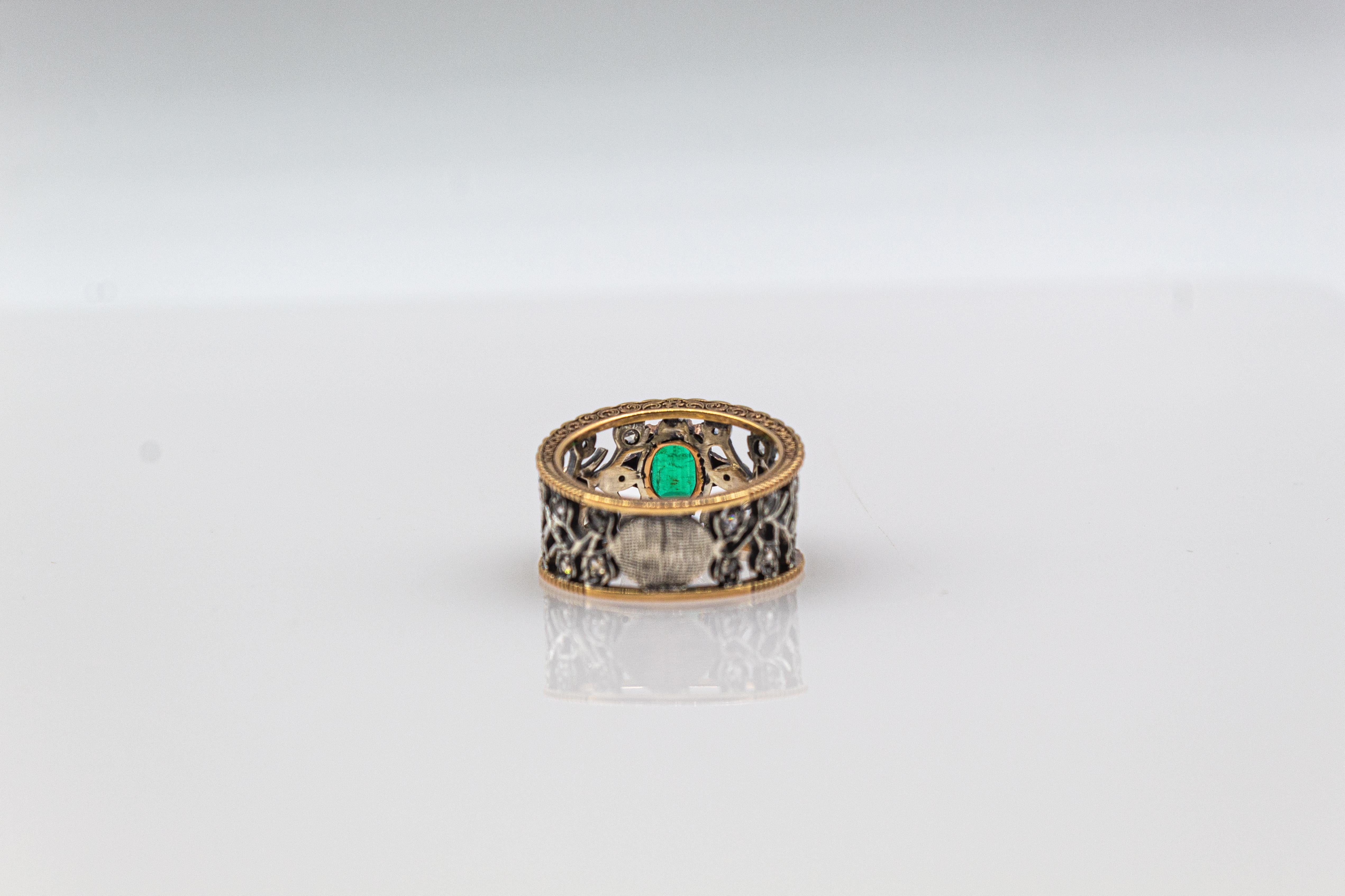 Art Deco Style White Rose Cut Diamond Octagon Cut Emerald Yellow Gold Ring For Sale 6