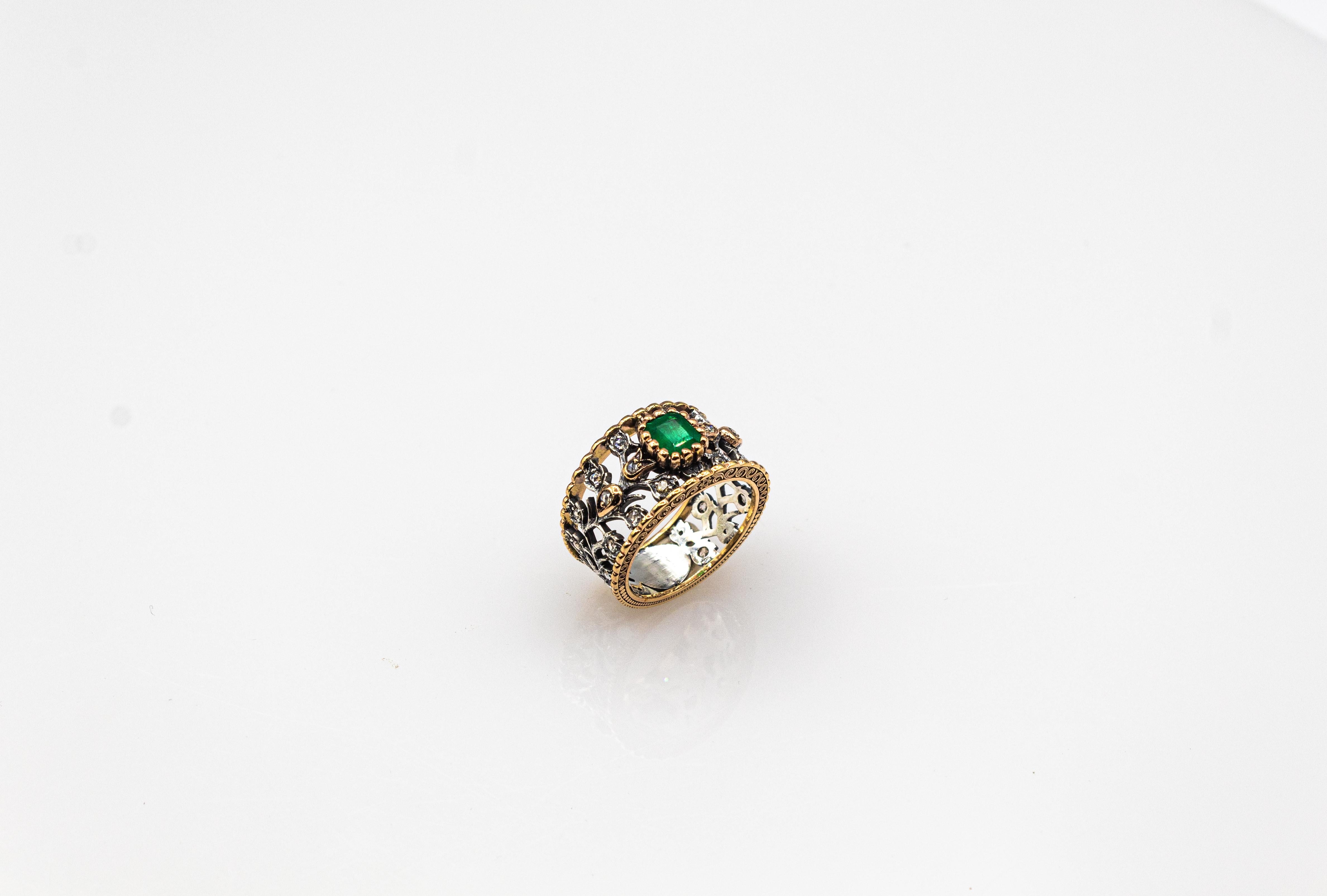 Art Deco Stil Weißer Rosenschliff Diamant Oktagonschliff Smaragd Gelbgold Ring im Angebot 5