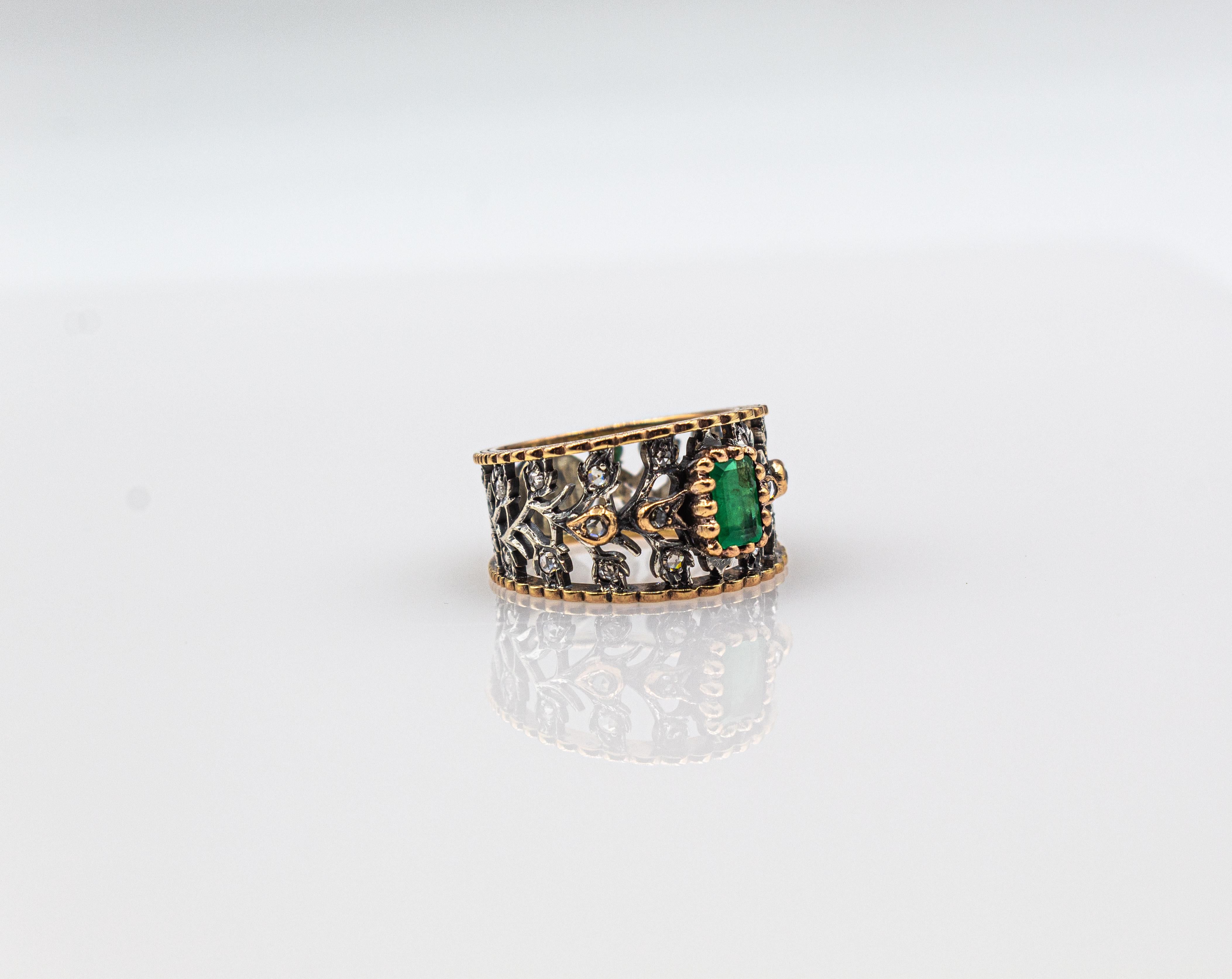 Art Deco Stil Weißer Rosenschliff Diamant Oktagonschliff Smaragd Gelbgold Ring im Angebot 6