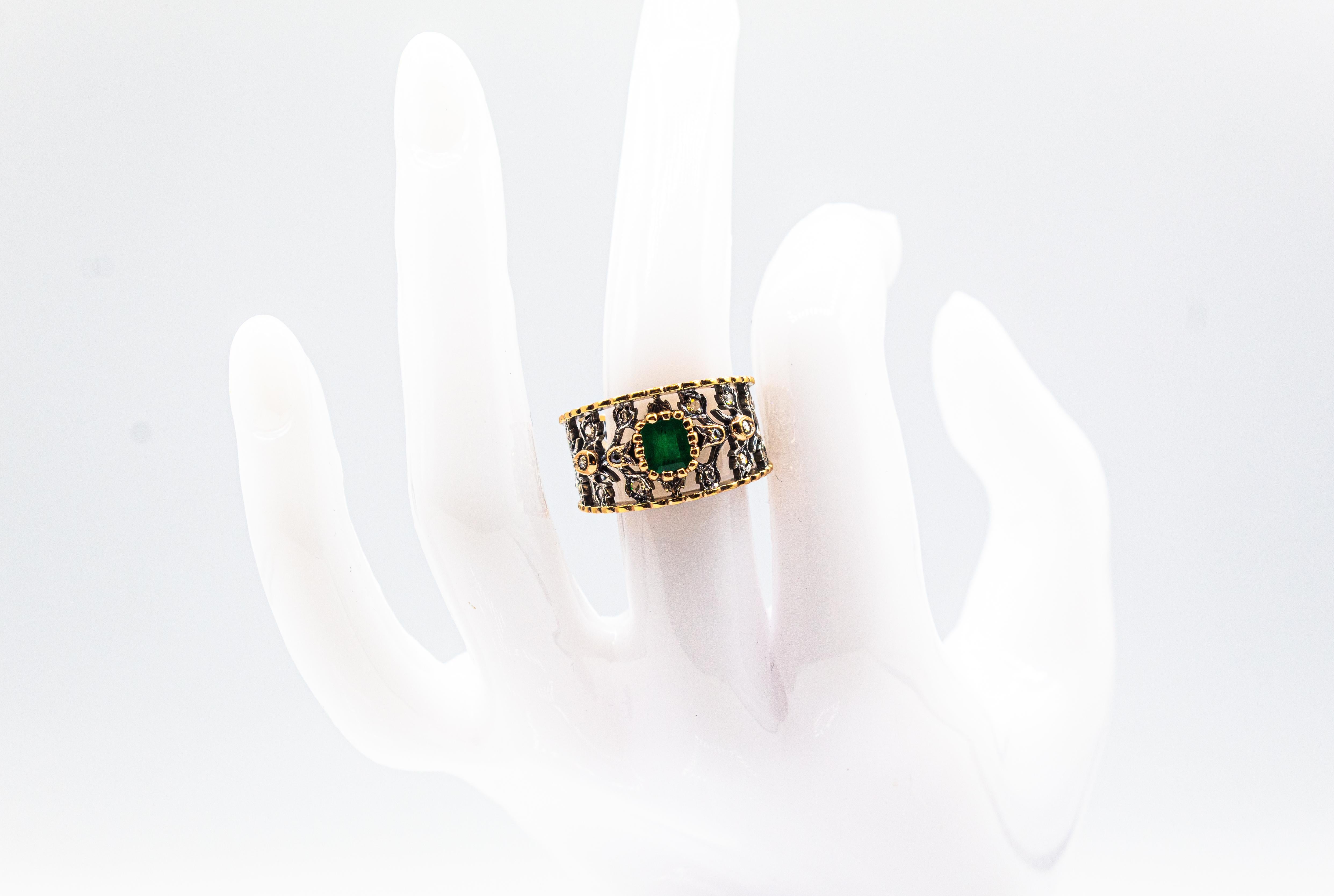 Art Deco Style White Rose Cut Diamond Octagon Cut Emerald Yellow Gold Ring For Sale 7
