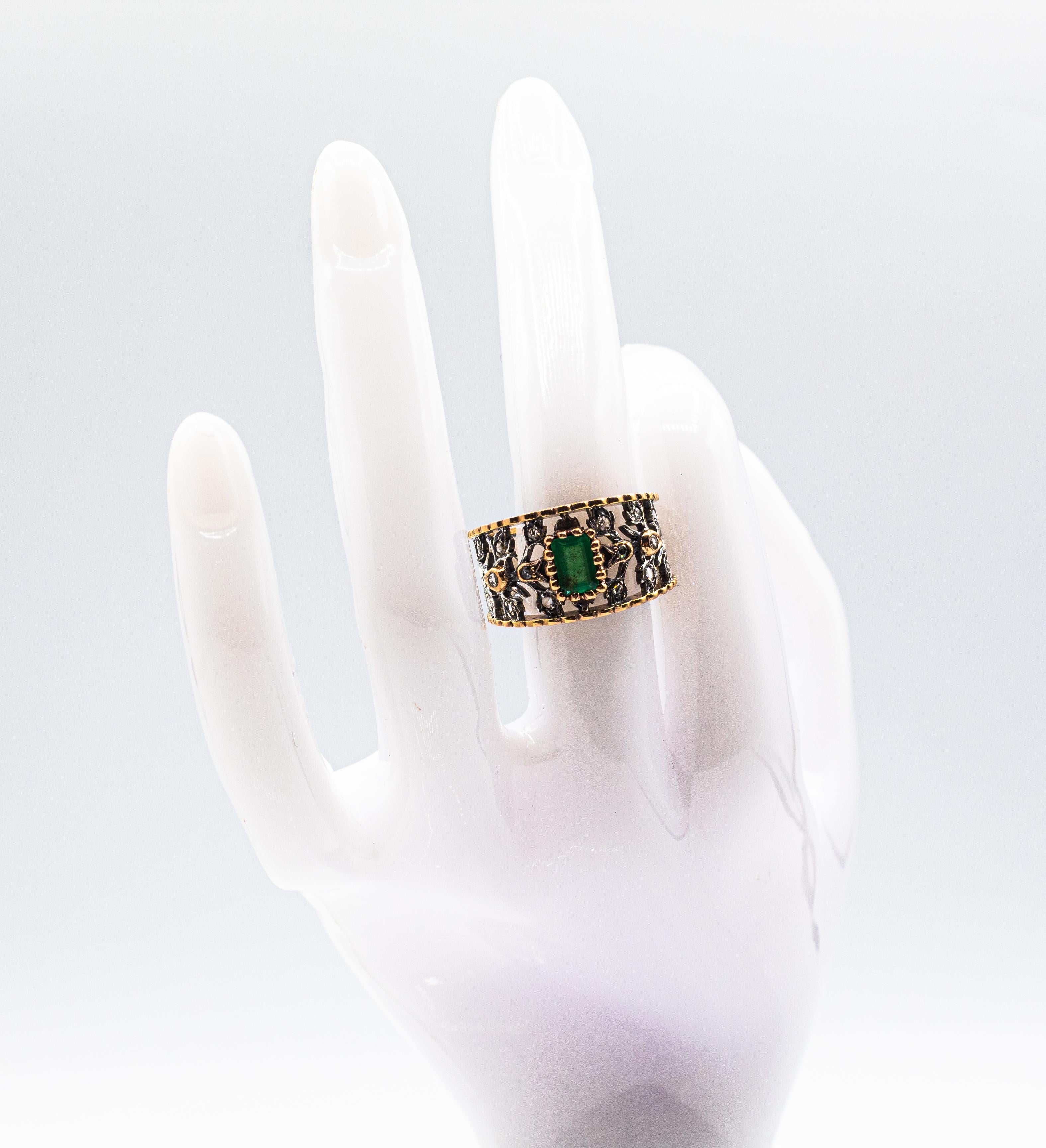 Art Deco Stil Weißer Rosenschliff Diamant Oktagonschliff Smaragd Gelbgold Ring im Angebot 7