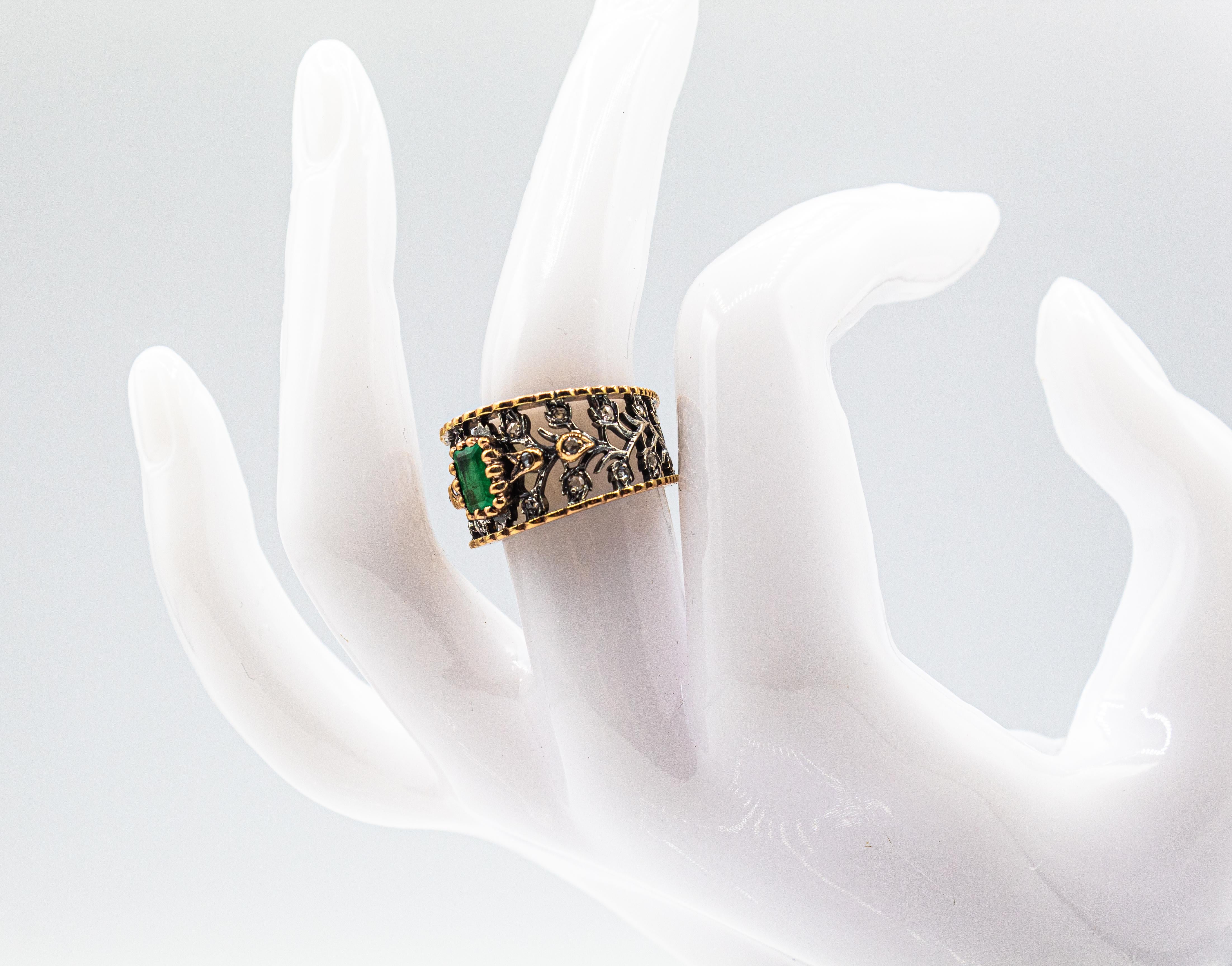 Art Deco Style White Rose Cut Diamond Octagon Cut Emerald Yellow Gold Ring For Sale 9