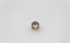 Art Deco Style White Rose Cut Diamond Octagon Cut Emerald Yellow Gold Ring