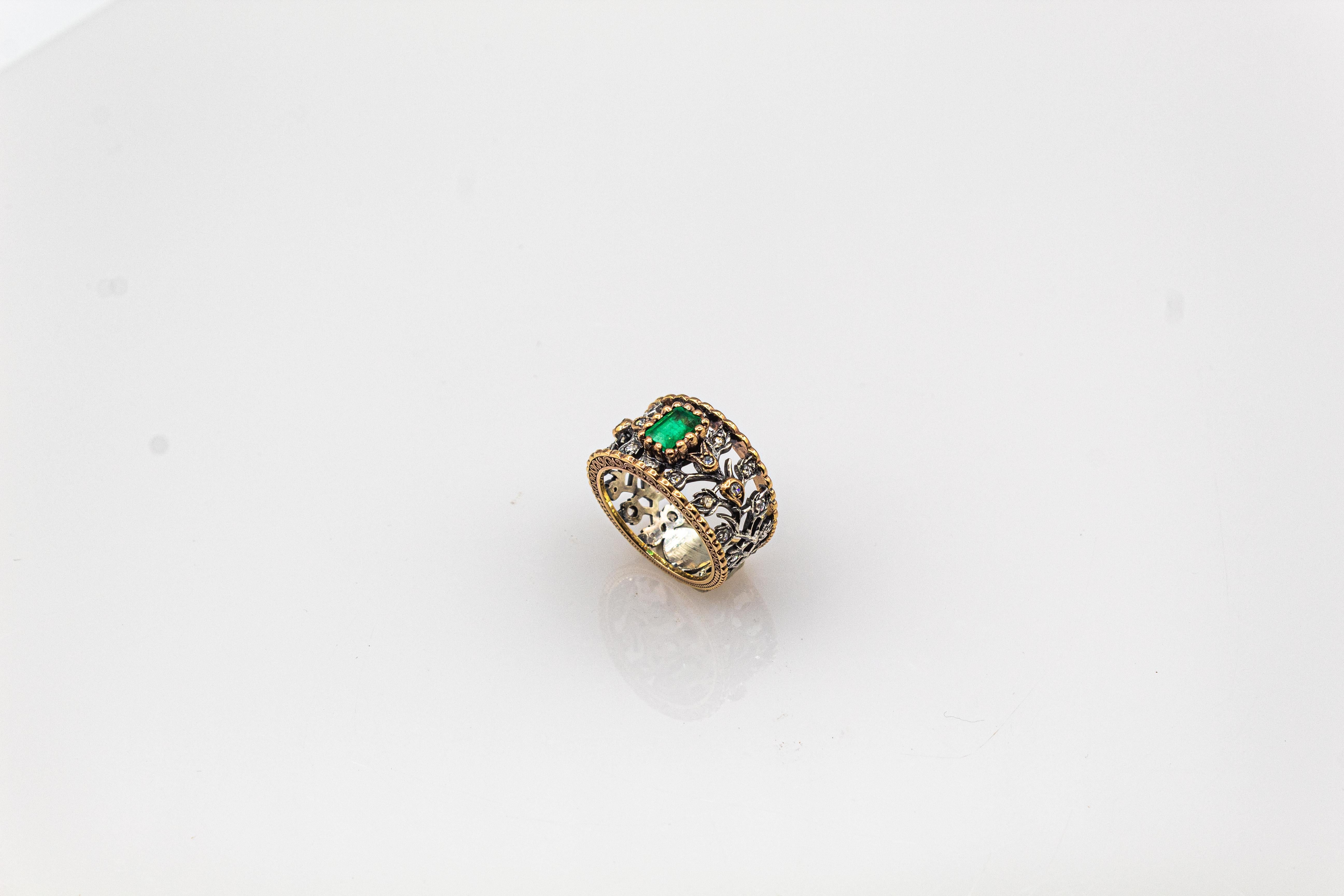 Art Deco Stil Weißer Rosenschliff Diamant Oktagonschliff Smaragd Gelbgold Ring im Zustand „Neu“ im Angebot in Naples, IT