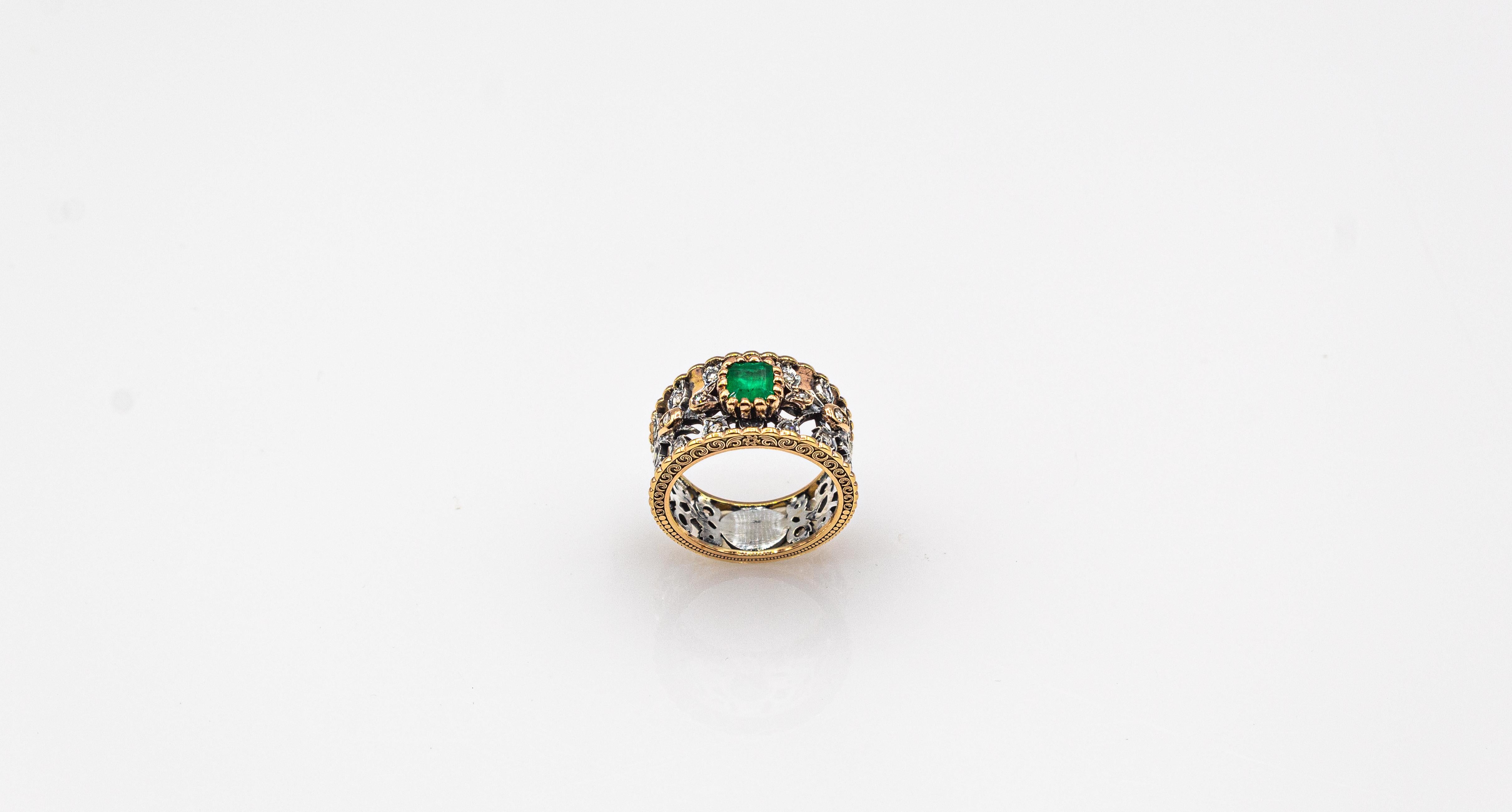 Art Deco Stil Weißer Rosenschliff Diamant Oktagonschliff Smaragd Gelbgold Ring im Zustand „Neu“ im Angebot in Naples, IT