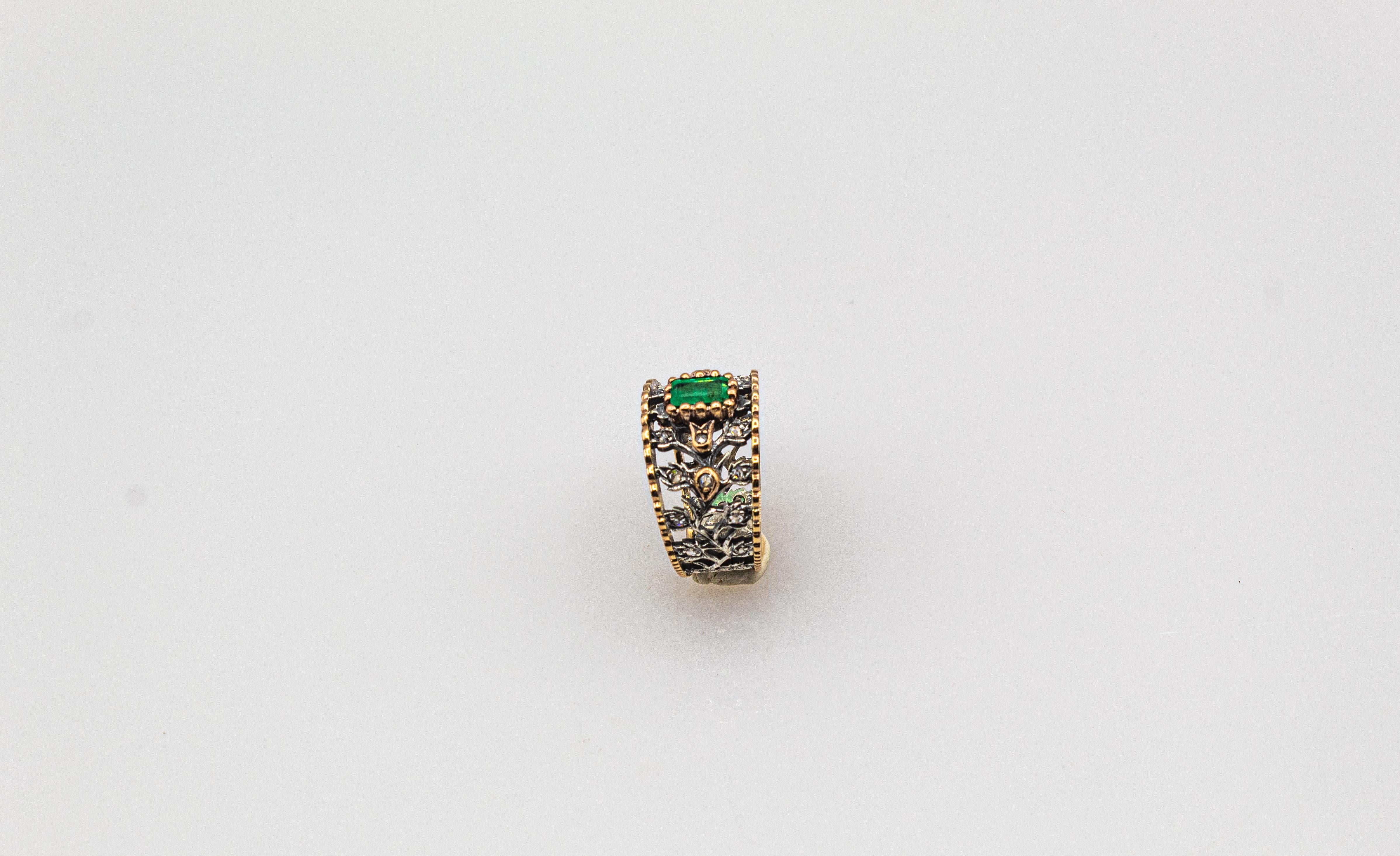 Art Deco Stil Weißer Rosenschliff Diamant Oktagonschliff Smaragd Gelbgold Ring für Damen oder Herren im Angebot