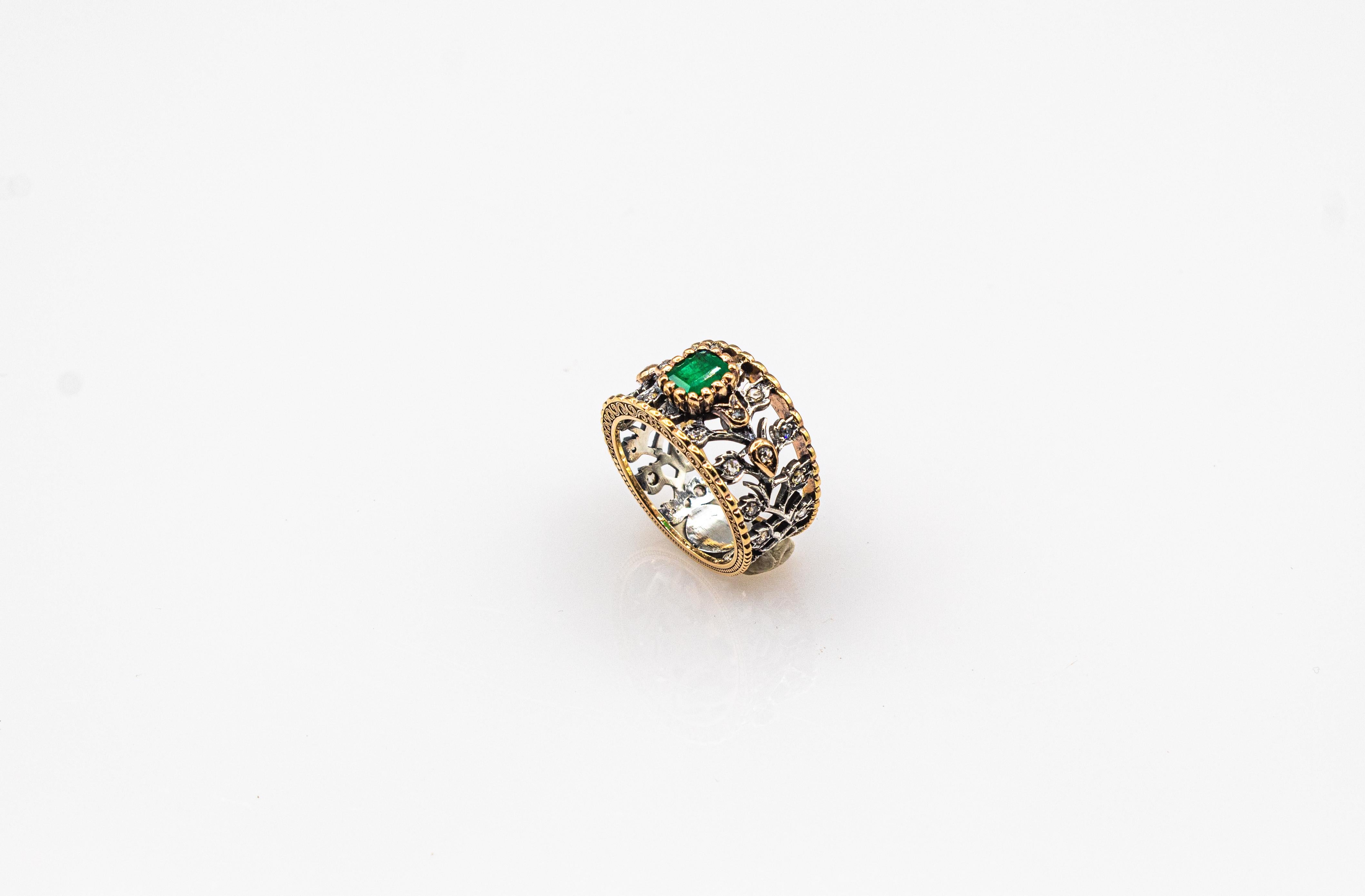 Art Deco Style White Rose Cut Diamond Octagon Cut Emerald Yellow Gold Ring For Sale 1