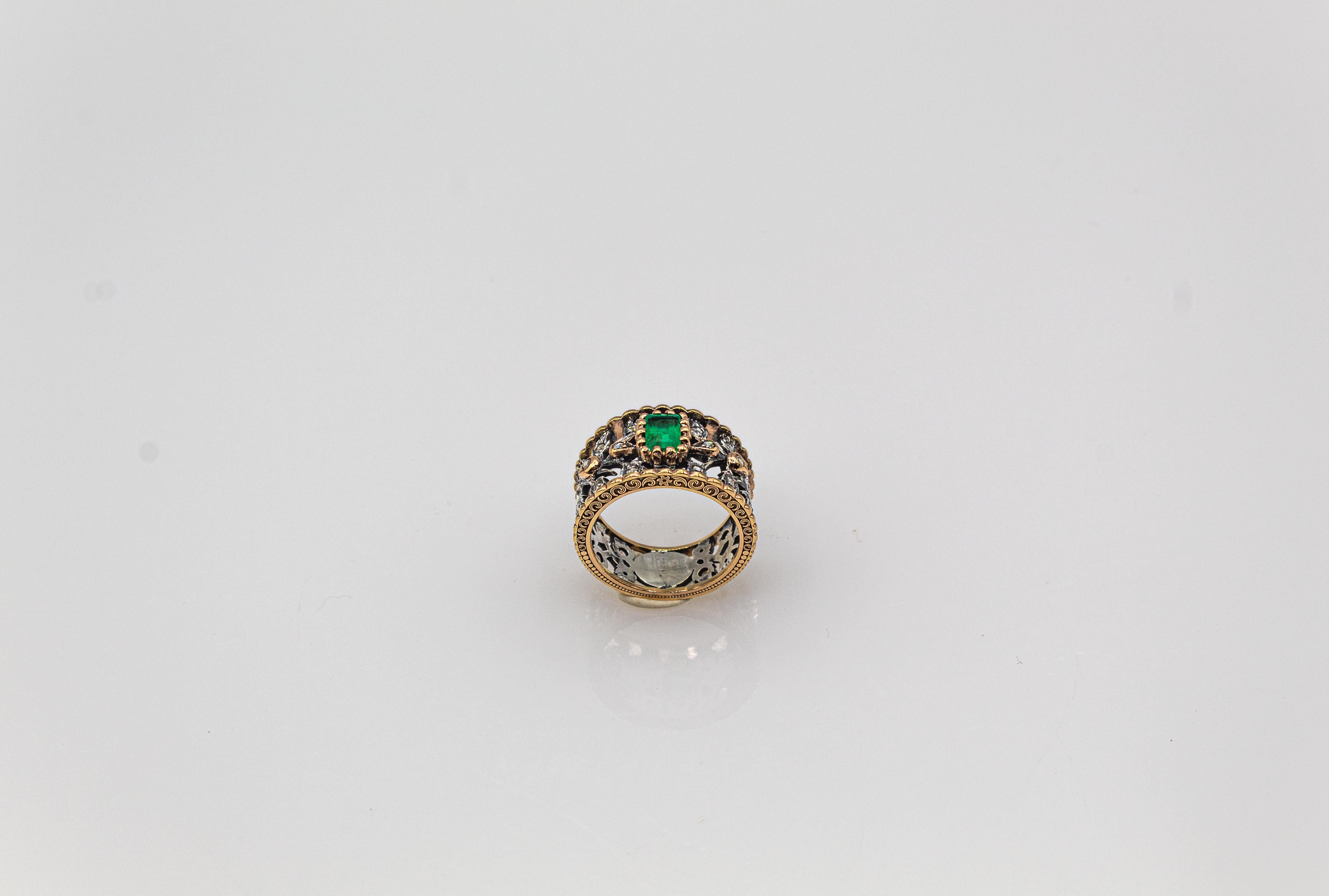 Art Deco Stil Weißer Rosenschliff Diamant Oktagonschliff Smaragd Gelbgold Ring im Angebot 1