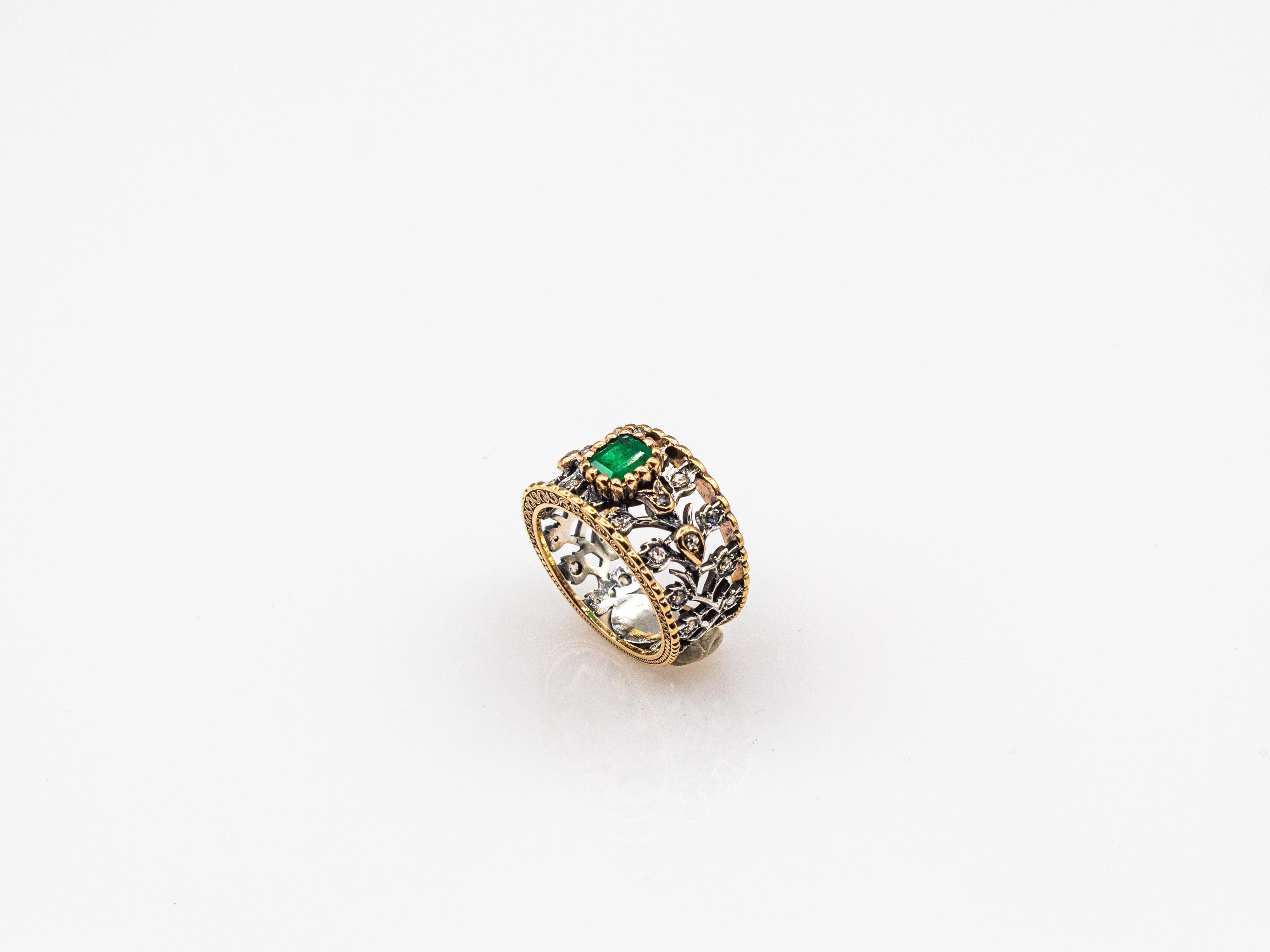 Art Deco Style White Rose Cut Diamond Octagon Cut Emerald Yellow Gold Ring For Sale 2