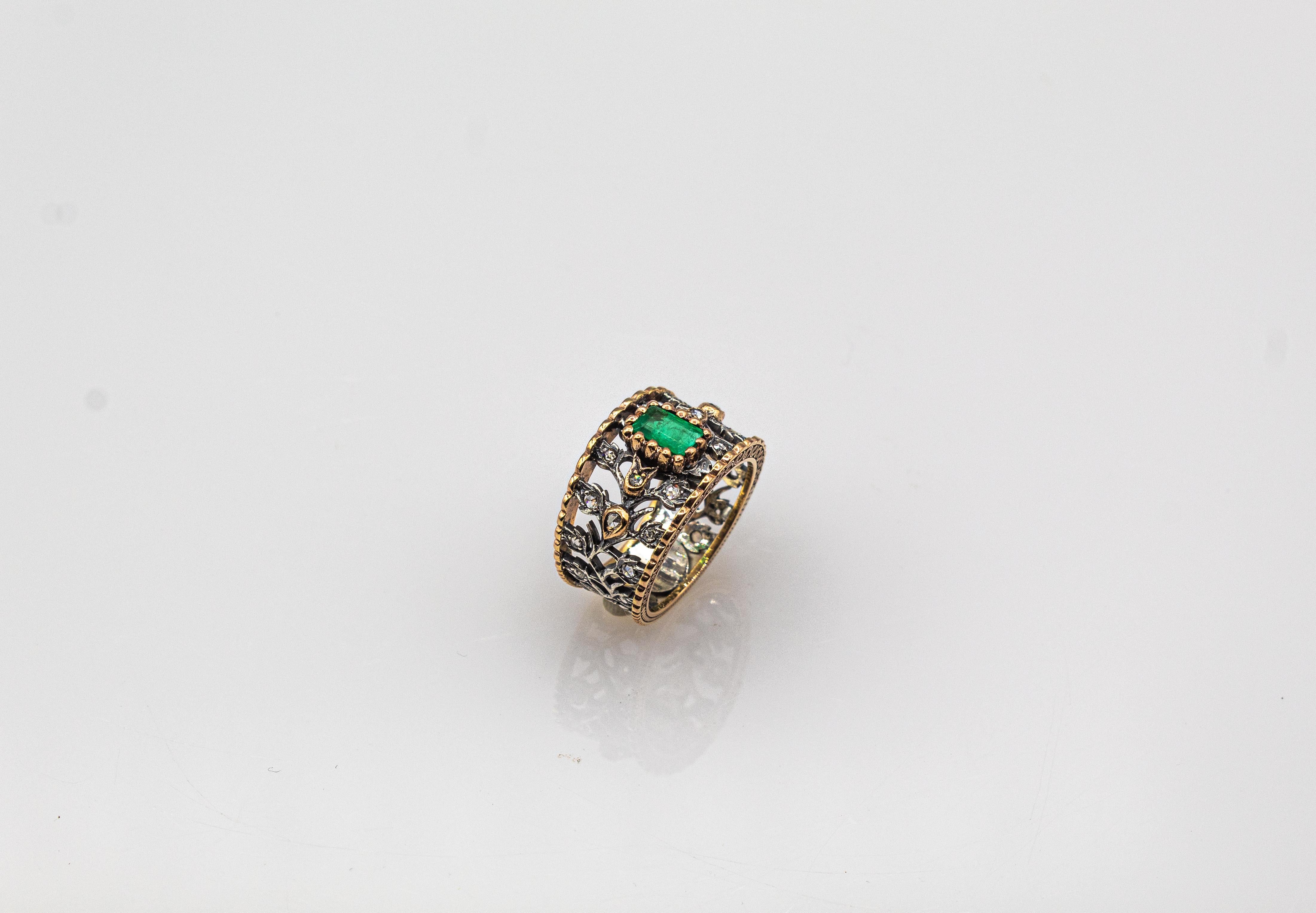 Art Deco Stil Weißer Rosenschliff Diamant Oktagonschliff Smaragd Gelbgold Ring im Angebot 2