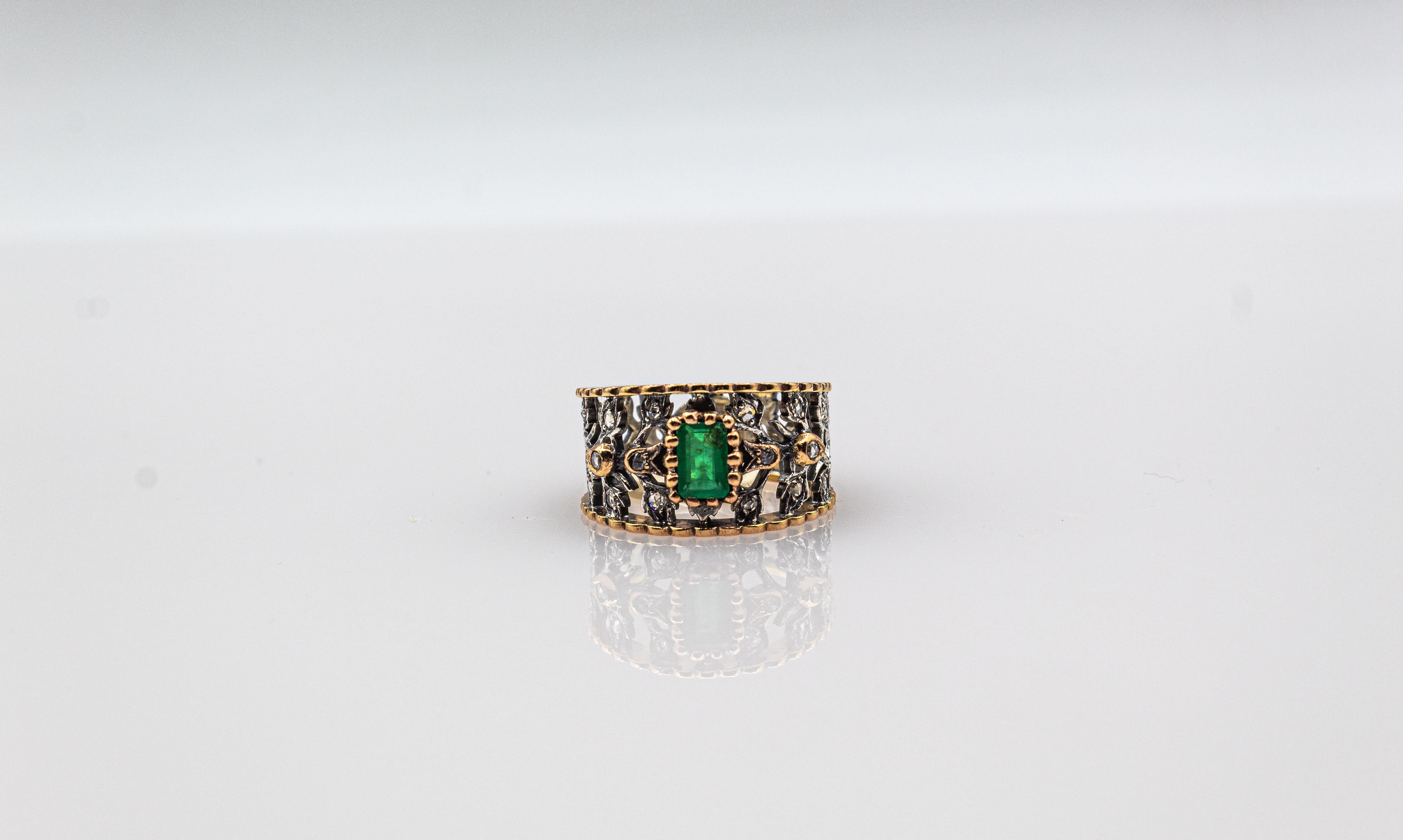 Art Deco Style White Rose Cut Diamond Octagon Cut Emerald Yellow Gold Ring For Sale 4