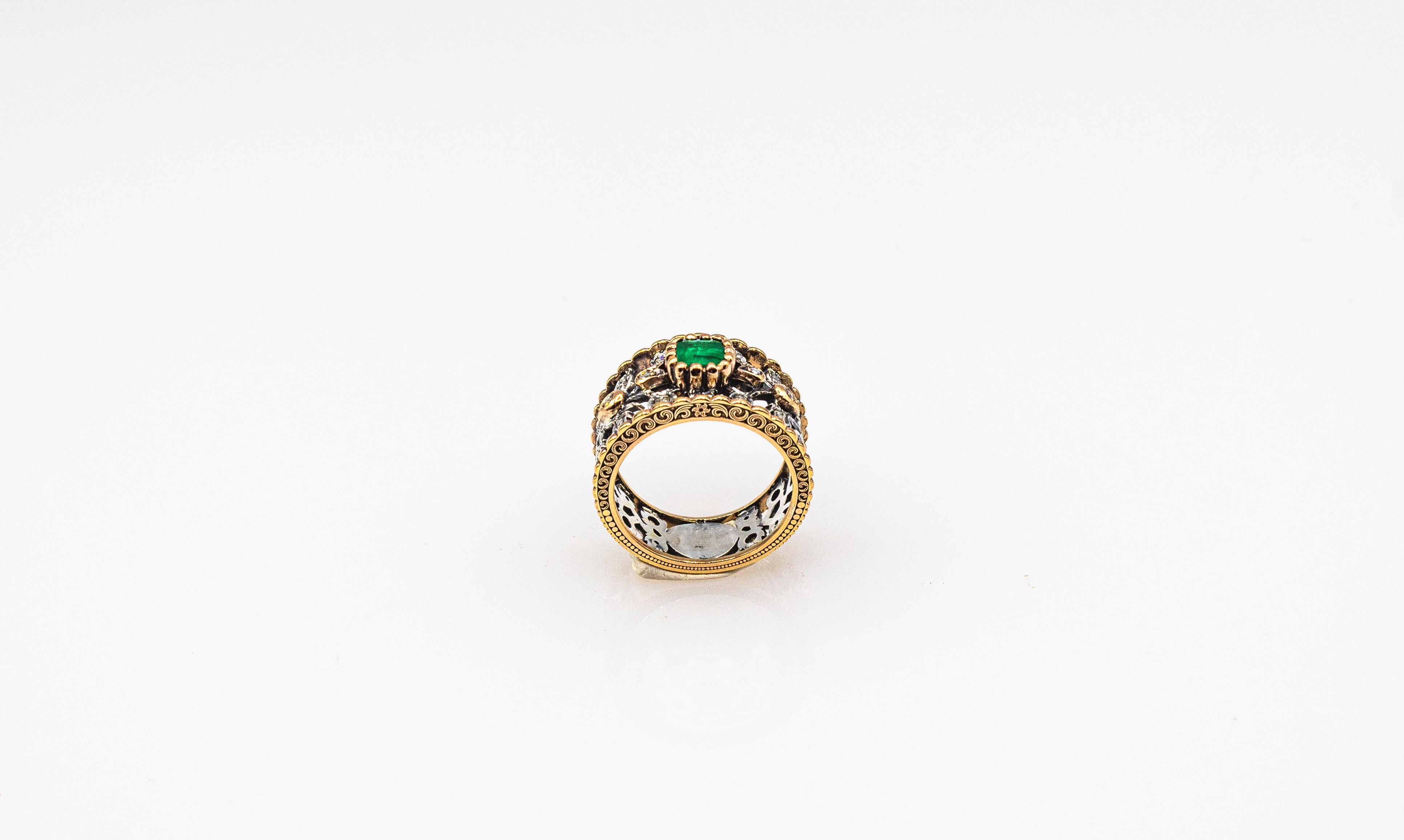 Art Deco Stil Weißer Rosenschliff Diamant Oktagonschliff Smaragd Gelbgold Ring im Angebot 3