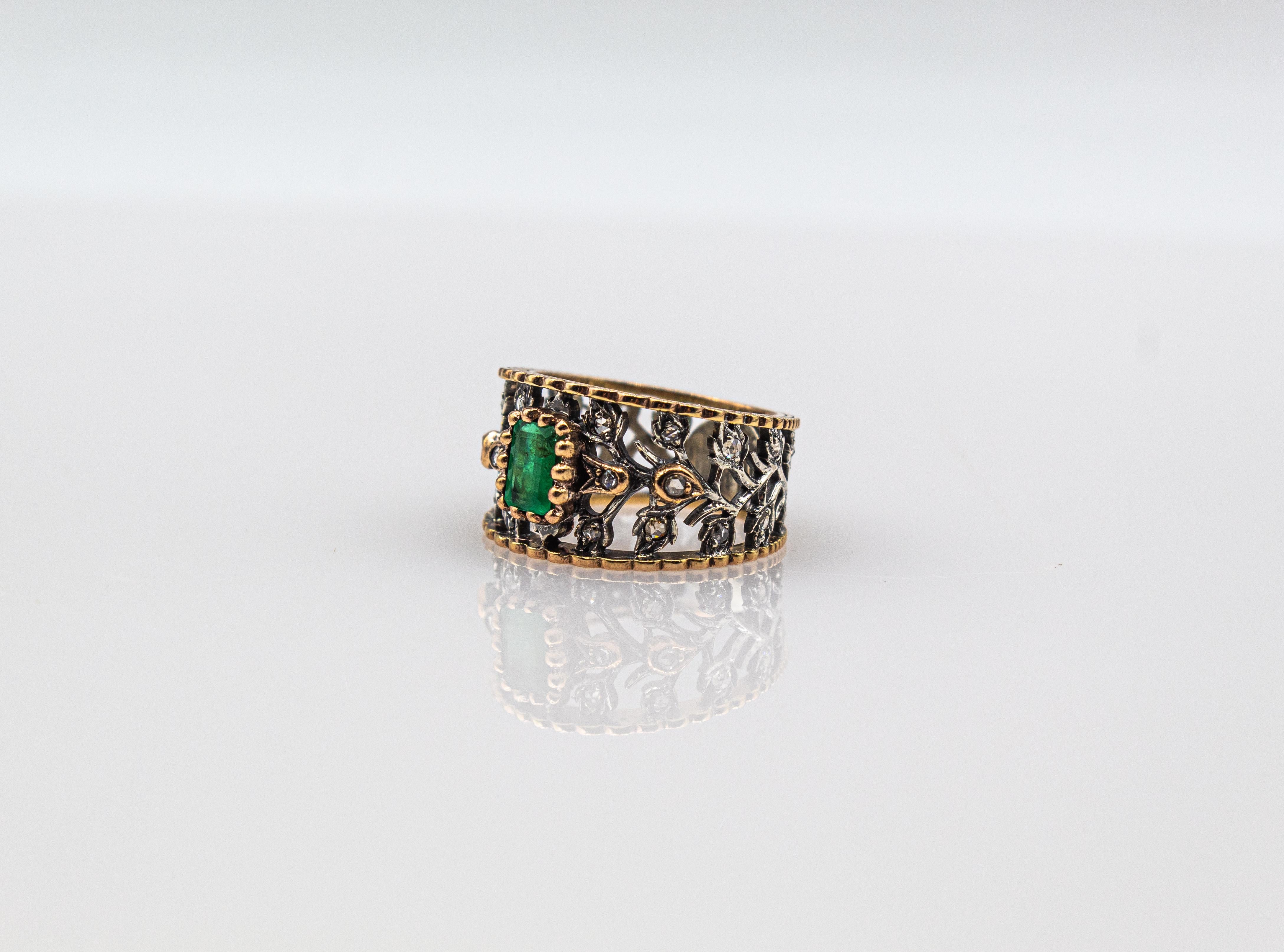 Art Deco Stil Weißer Rosenschliff Diamant Oktagonschliff Smaragd Gelbgold Ring im Angebot 4
