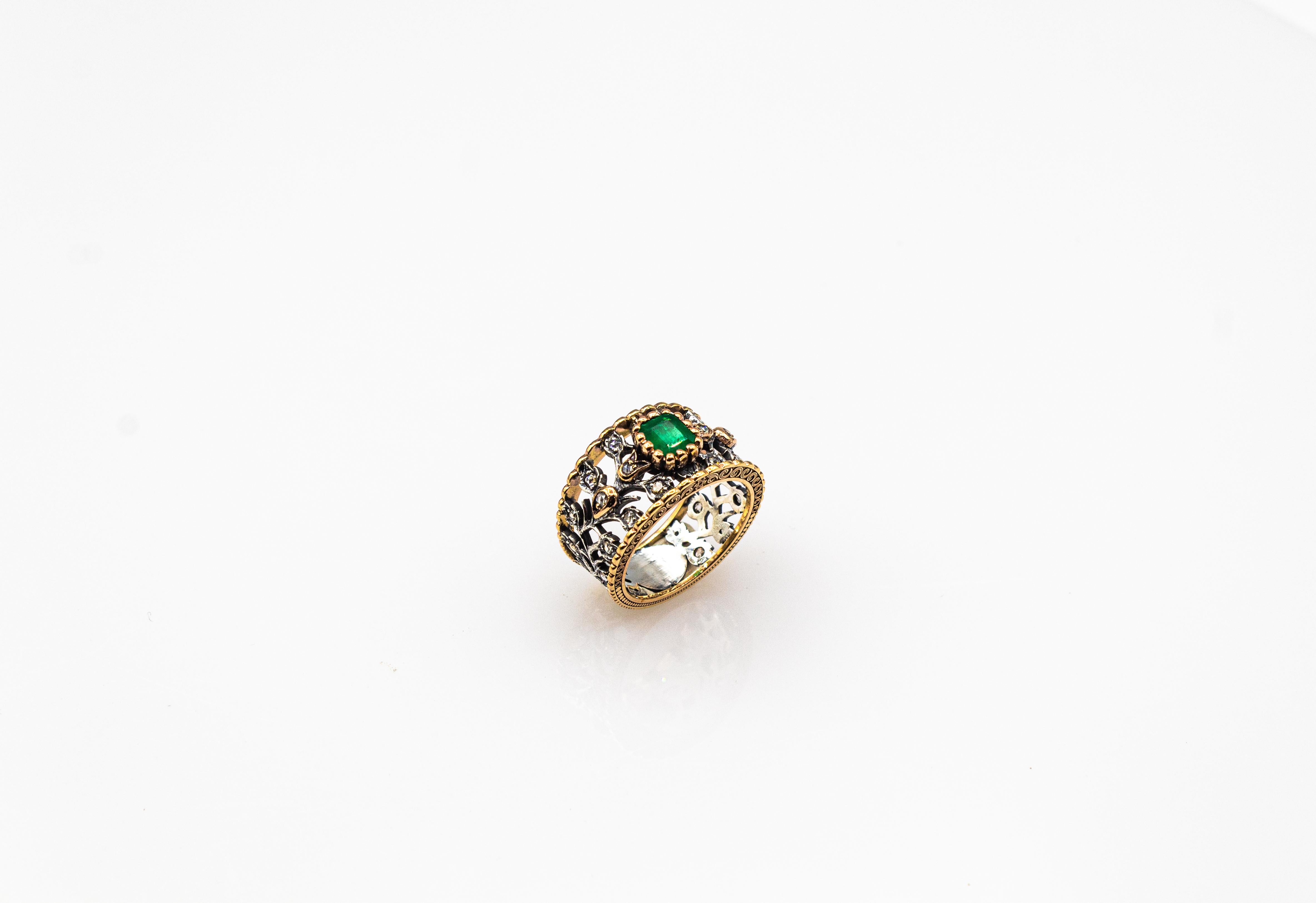 Art Deco Stil Weißer Rosenschliff Diamant Oktagonschliff Smaragd Gelbgold Ring im Angebot 4