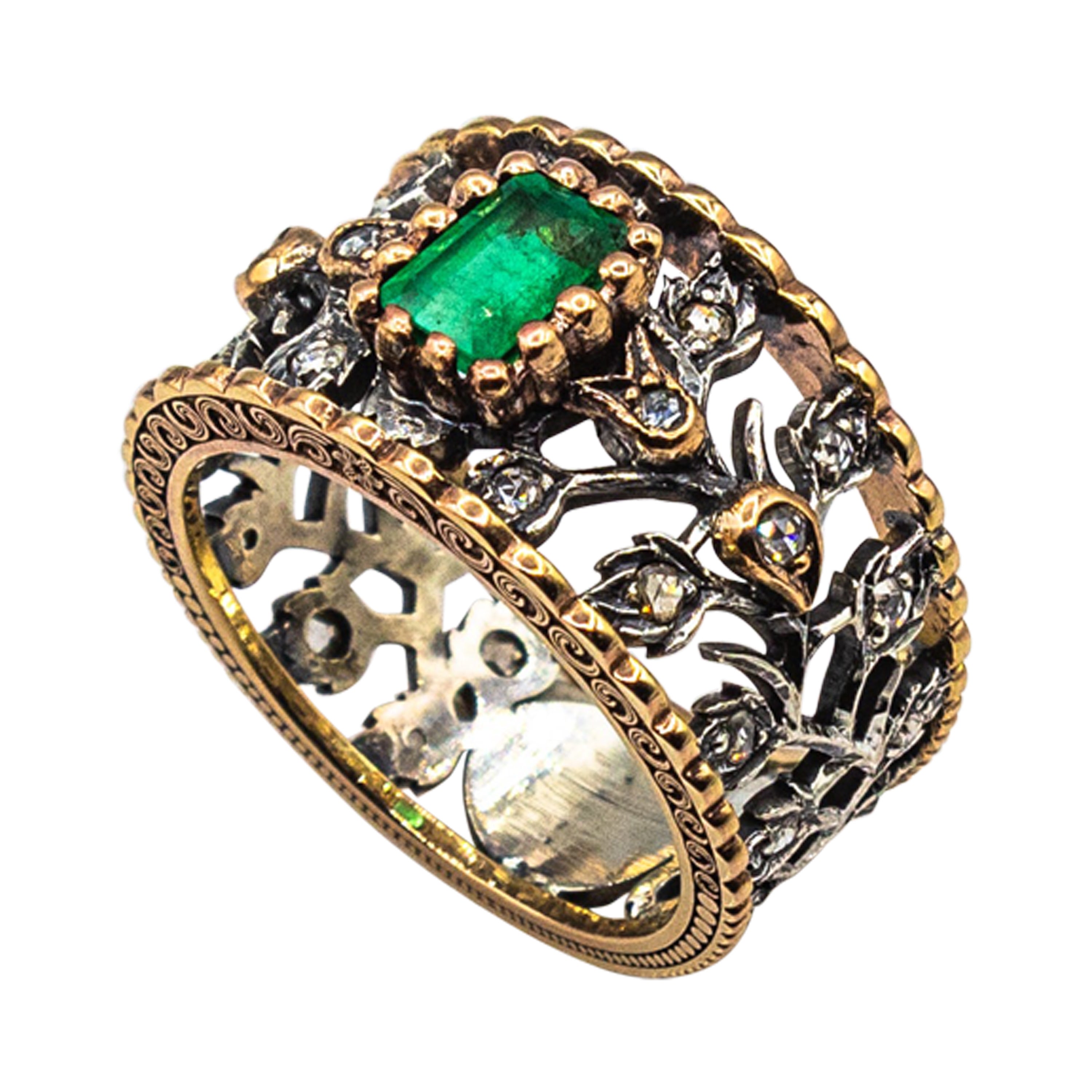 Anillo de Oro Amarillo Estilo Art Decó Diamante Blanco Corte Rosa Corte Octágono Esmeralda