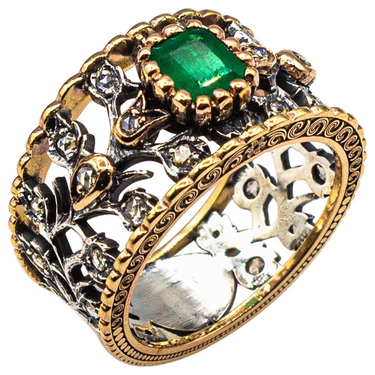 Anillo de Oro Amarillo Estilo Art Decó Diamante Blanco Corte Rosa Corte Octágono Esmeralda