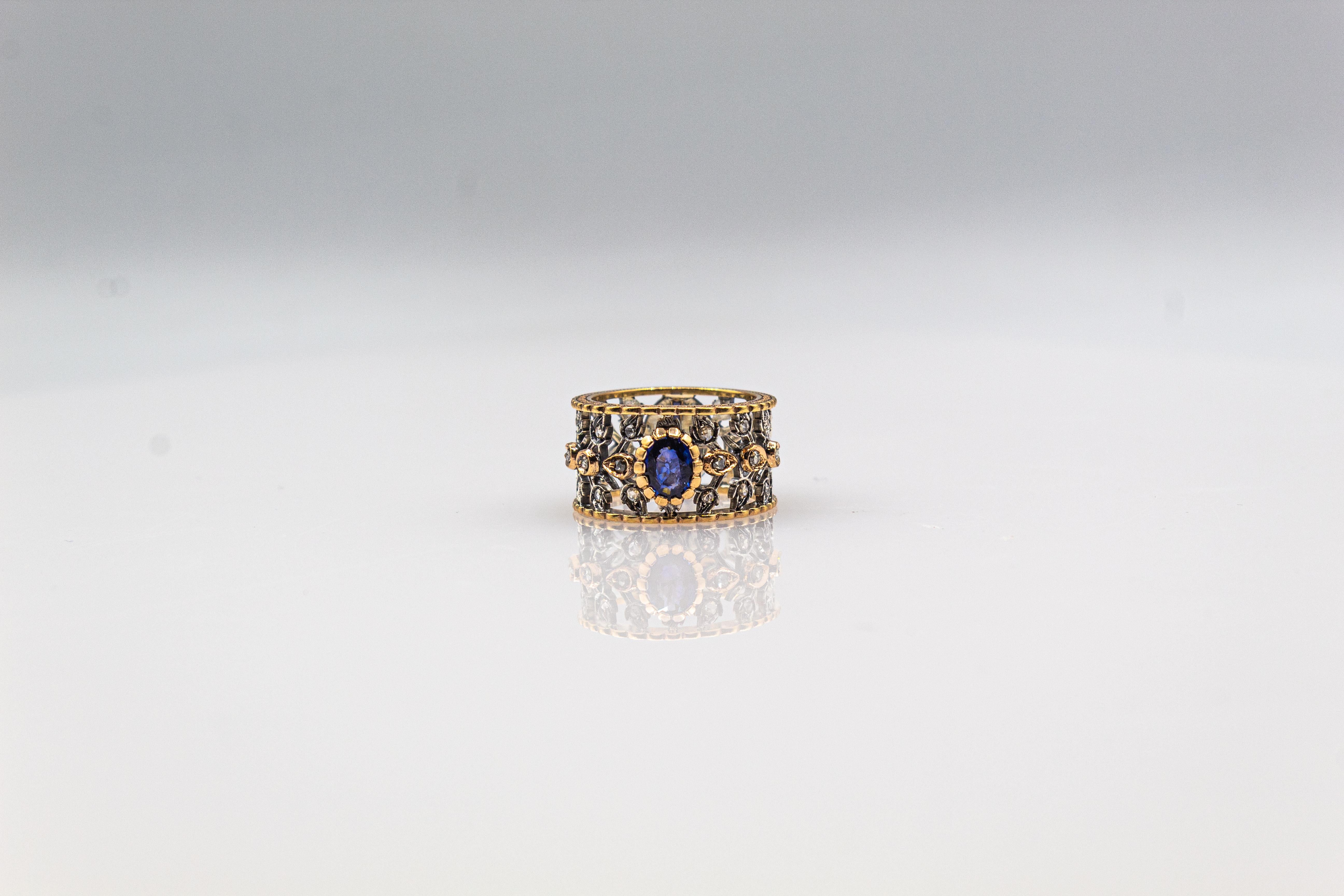 Art Deco Style White Rose Cut Diamond Oval Cut Blue Sapphire Yellow Gold Ring For Sale 6
