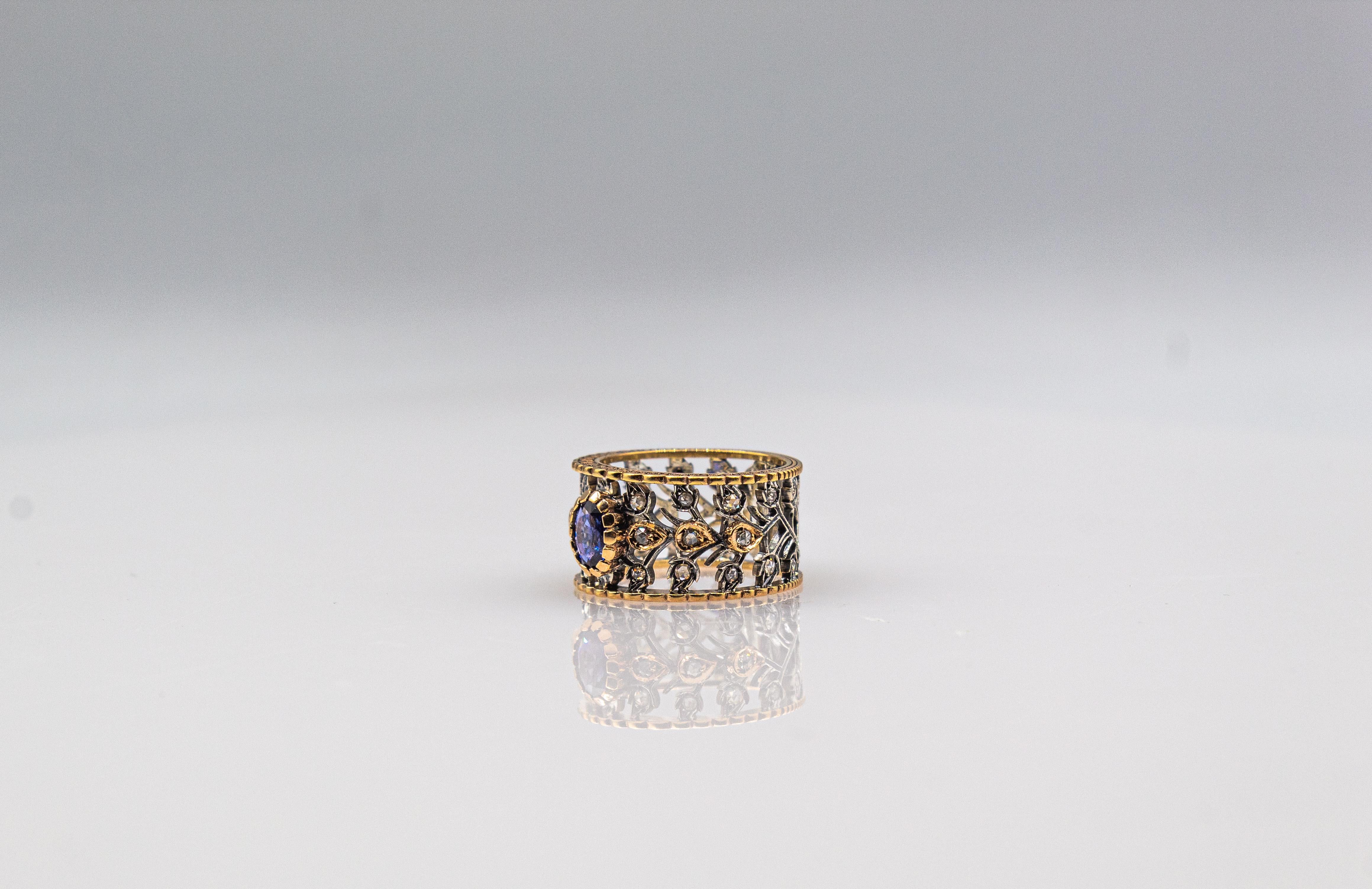 Gelbgoldring im Art-déco-Stil mit weißem Diamanten im Rosenschliff und blauem Saphir im Ovalschliff im Angebot 6
