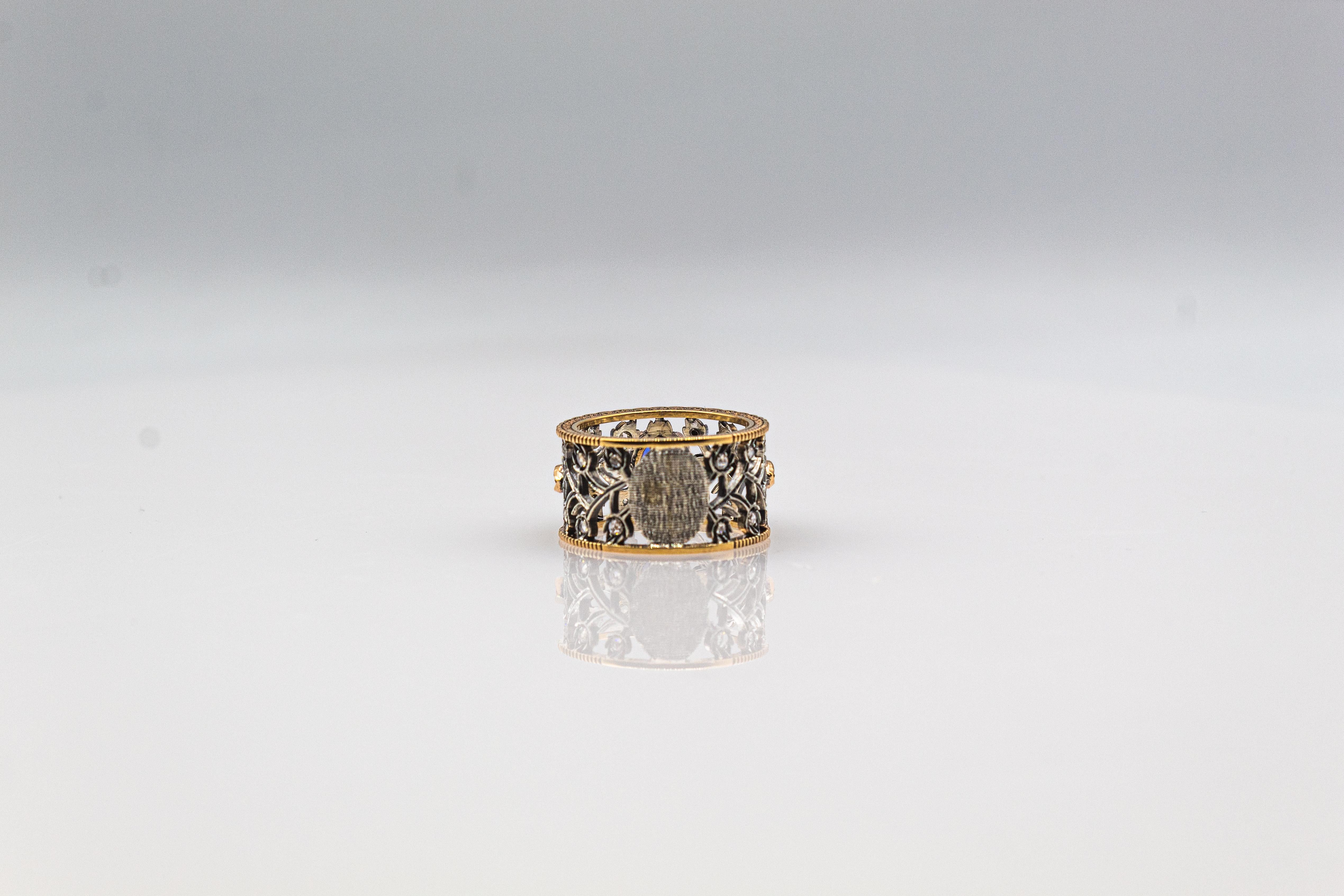 Art Deco Style White Rose Cut Diamond Oval Cut Blue Sapphire Yellow Gold Ring For Sale 8