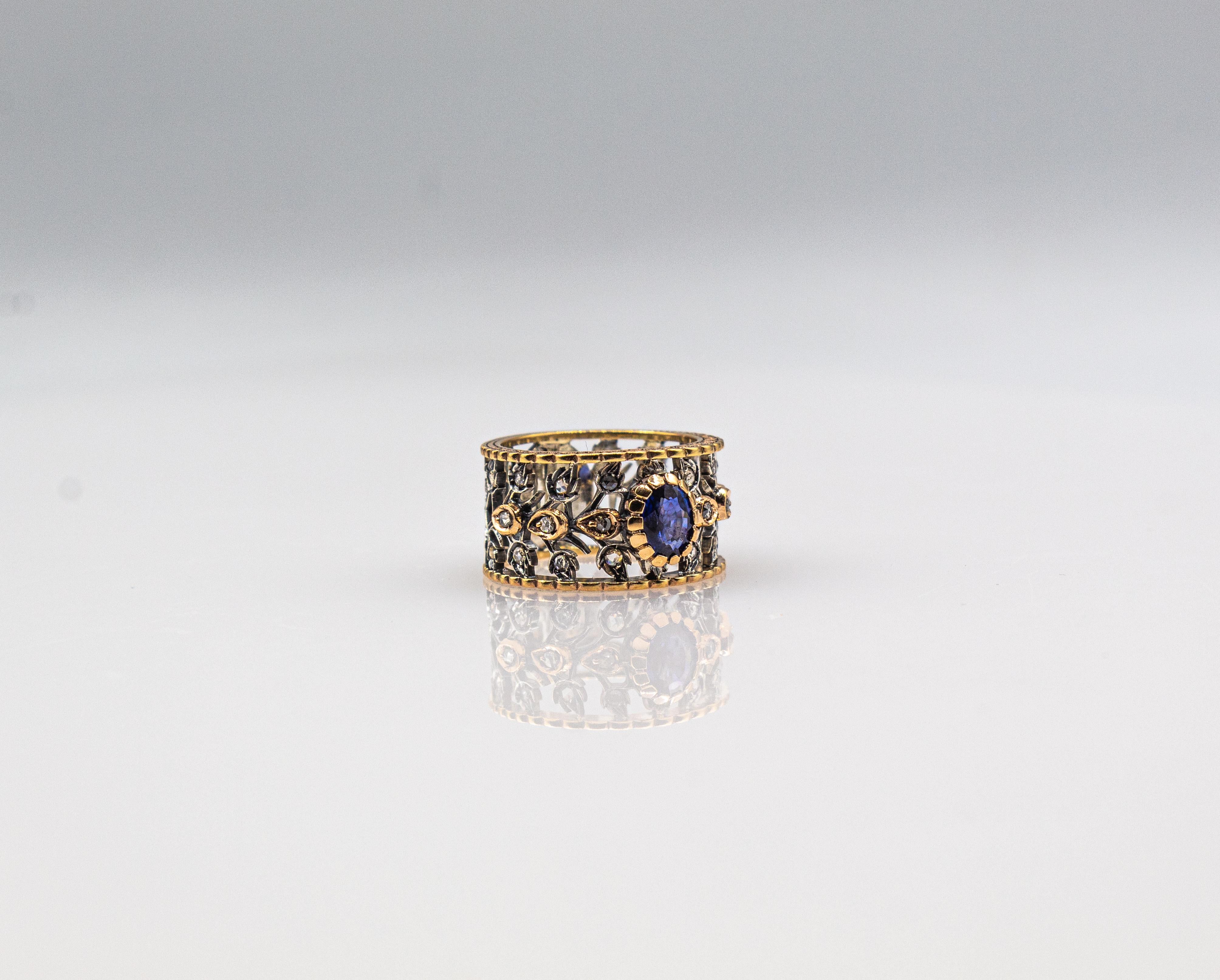 Gelbgoldring im Art-déco-Stil mit weißem Diamanten im Rosenschliff und blauem Saphir im Ovalschliff im Angebot 8