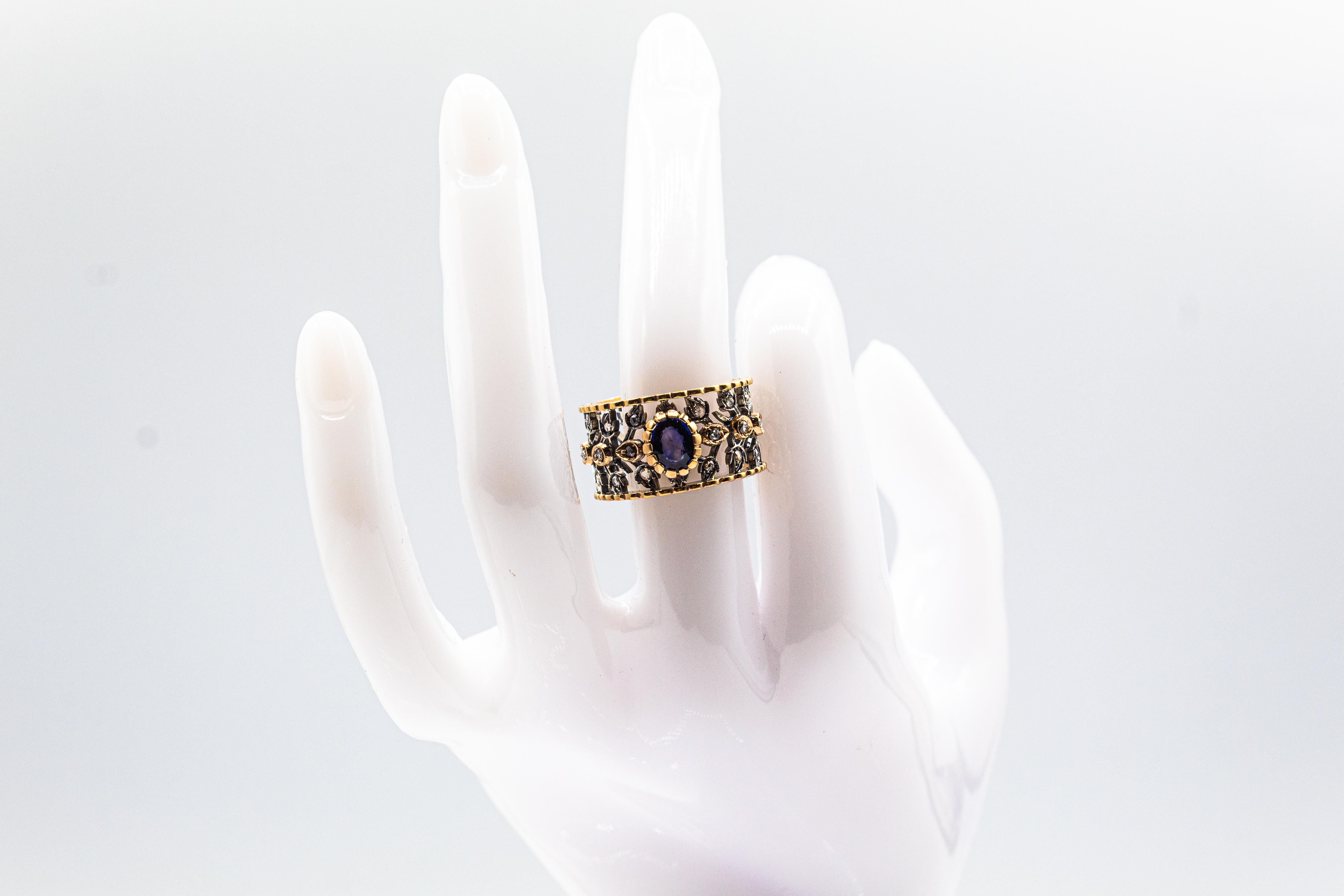 Gelbgoldring im Art-déco-Stil mit weißem Diamanten im Rosenschliff und blauem Saphir im Ovalschliff im Angebot 9