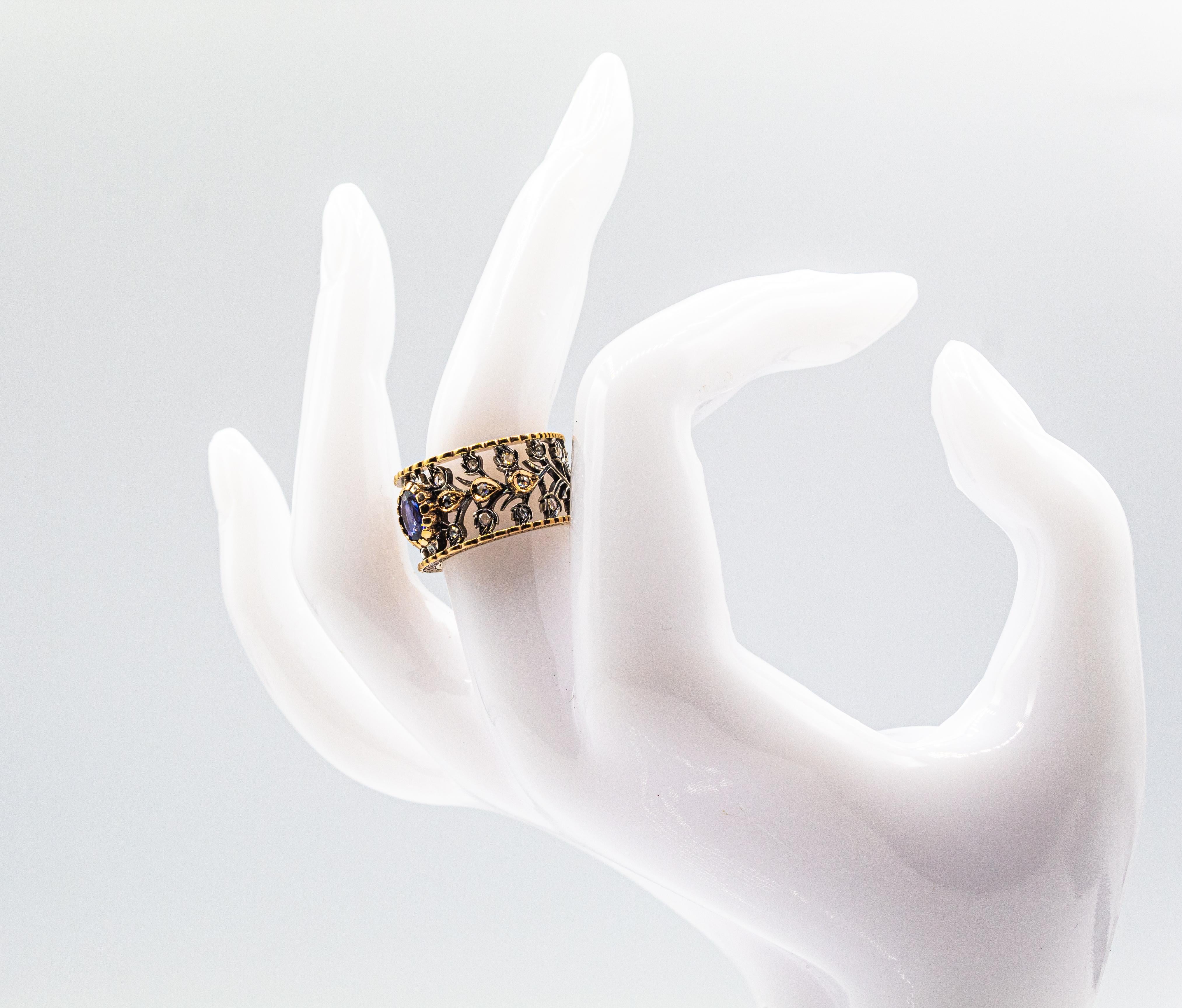 Art Deco Style White Rose Cut Diamond Oval Cut Blue Sapphire Yellow Gold Ring For Sale 11