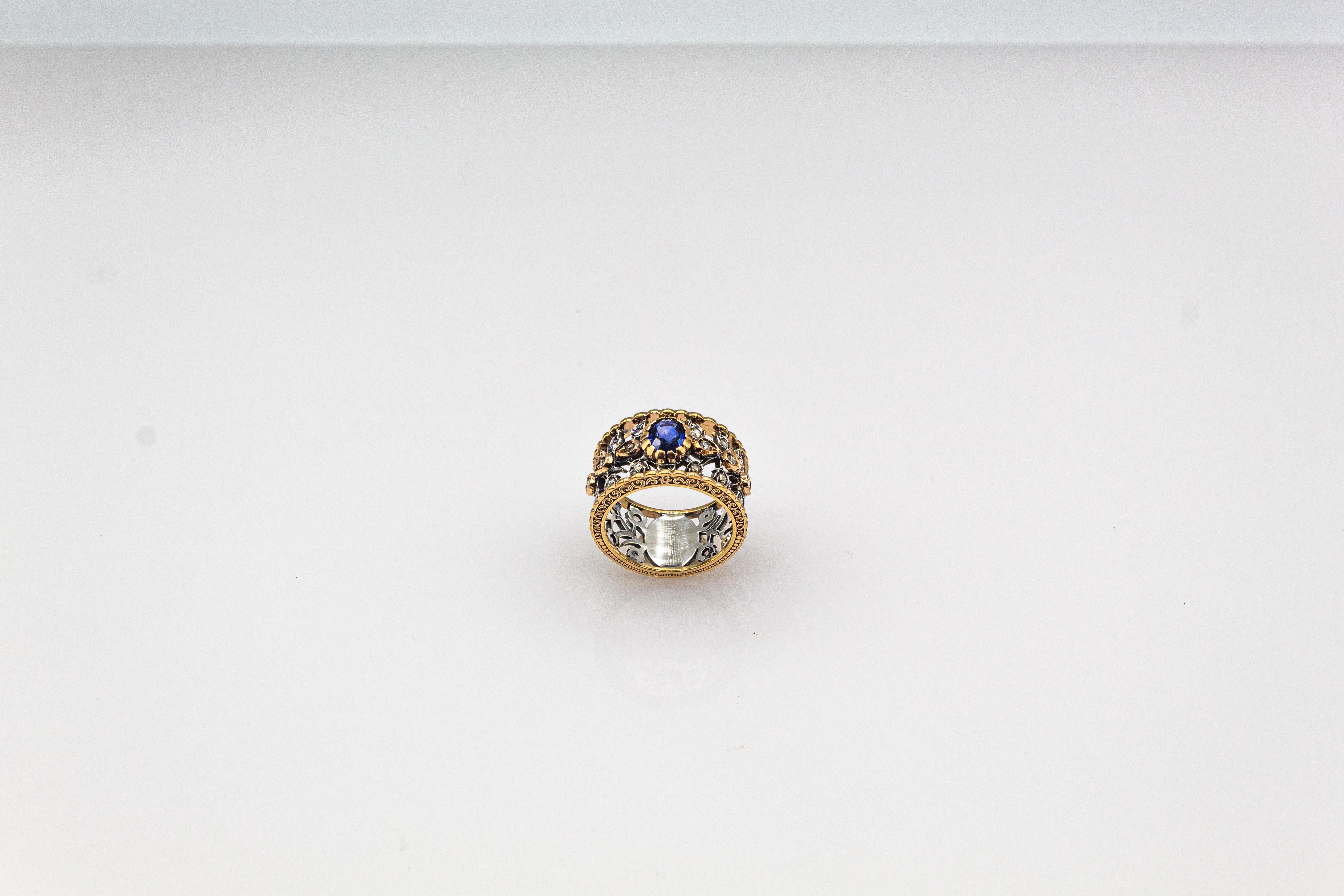Gelbgoldring im Art-déco-Stil mit weißem Diamanten im Rosenschliff und blauem Saphir im Ovalschliff (Art déco) im Angebot