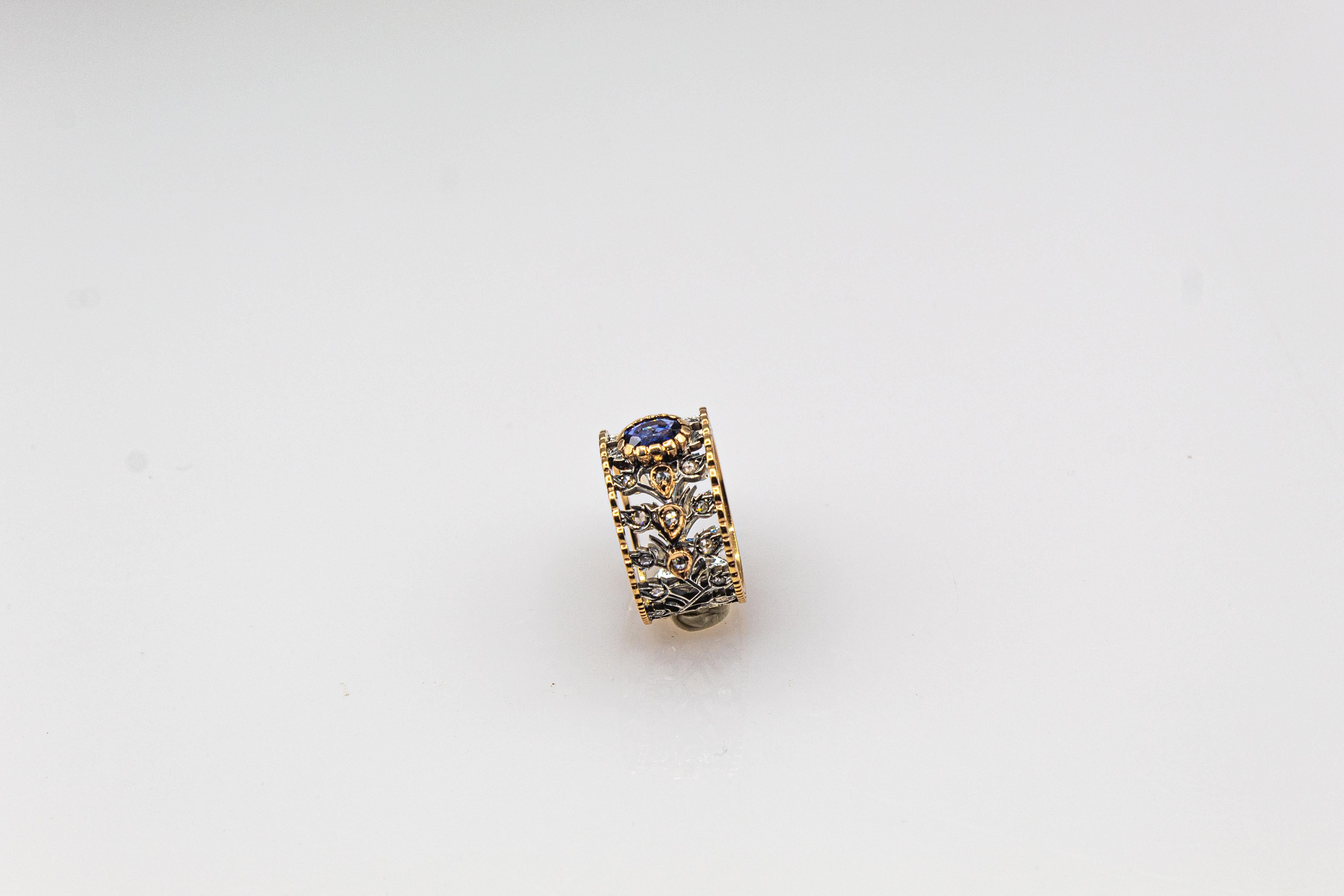 Gelbgoldring im Art-déco-Stil mit weißem Diamanten im Rosenschliff und blauem Saphir im Ovalschliff für Damen oder Herren im Angebot