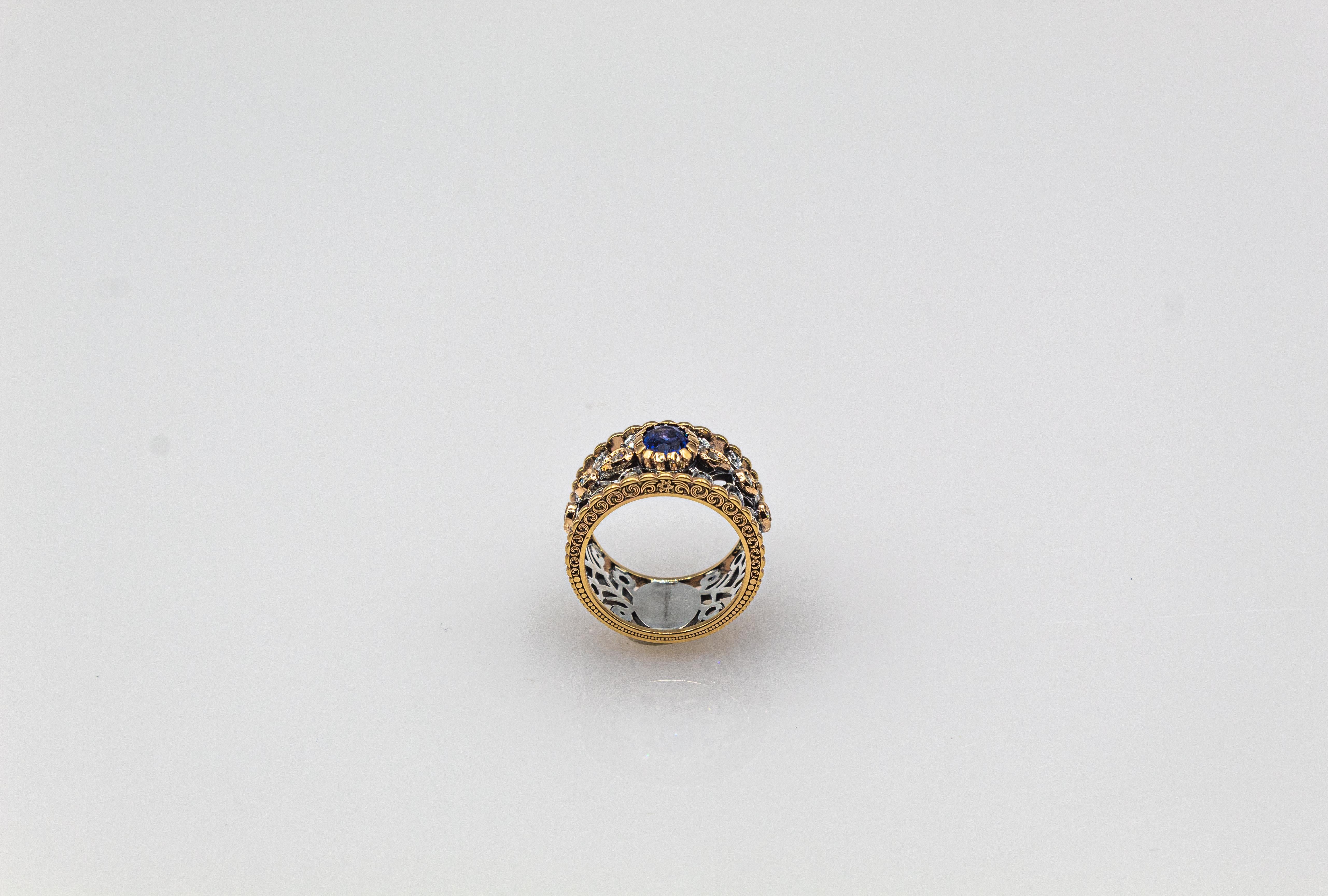 Gelbgoldring im Art-déco-Stil mit weißem Diamanten im Rosenschliff und blauem Saphir im Ovalschliff im Angebot 1