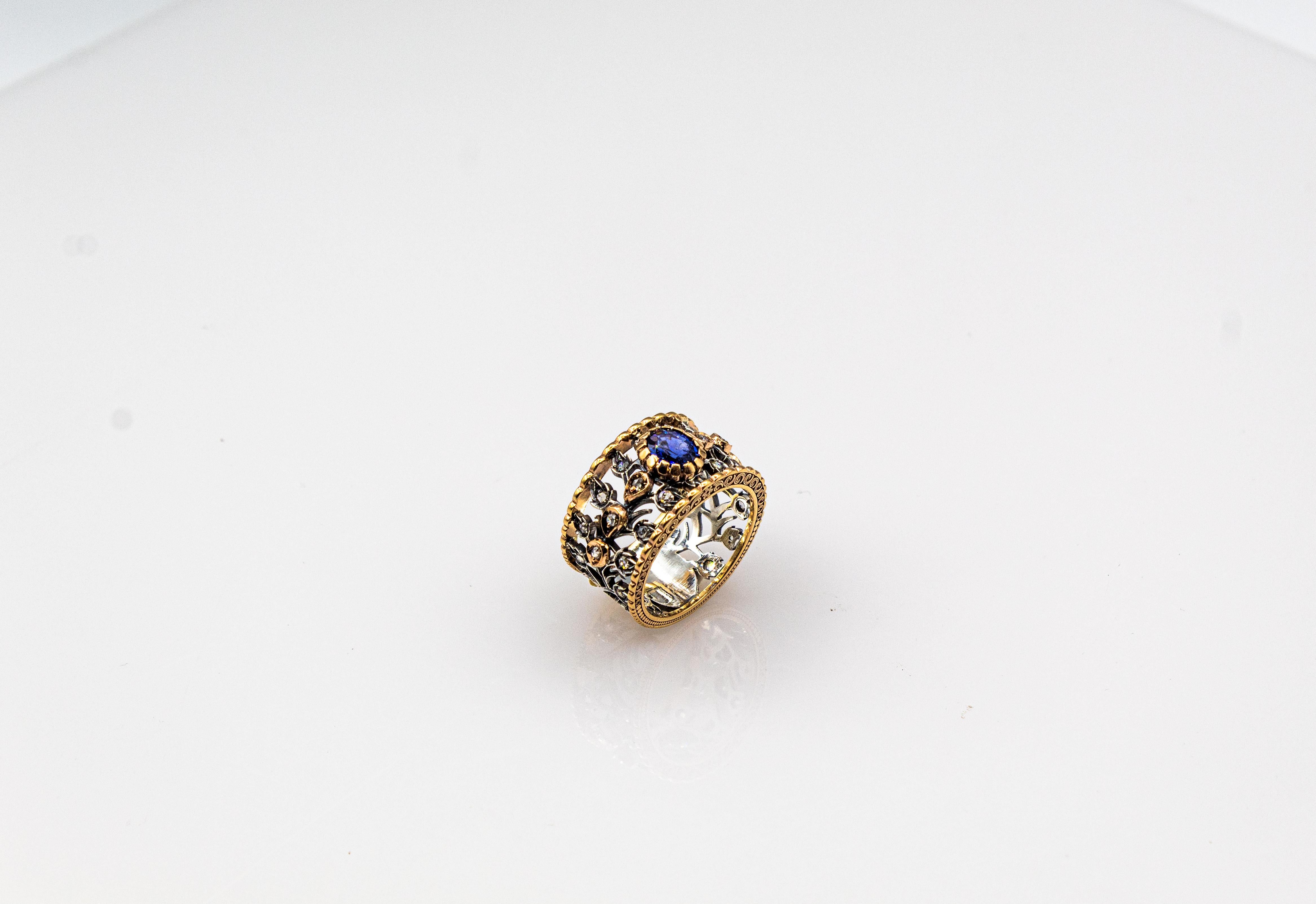 Gelbgoldring im Art-déco-Stil mit weißem Diamanten im Rosenschliff und blauem Saphir im Ovalschliff im Angebot 3